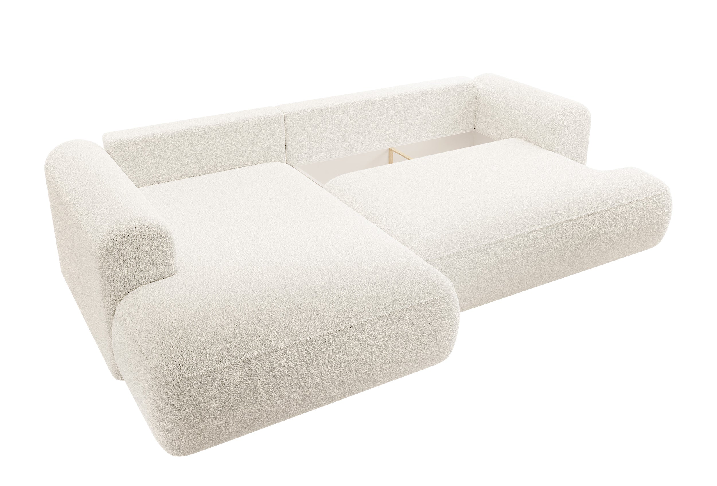 Ecksofa mit Schlaffunktion Ovo, L-förmig, mit Armlehne und Stauraum, cremefarbener Bouclé-Stoff, linksseitig