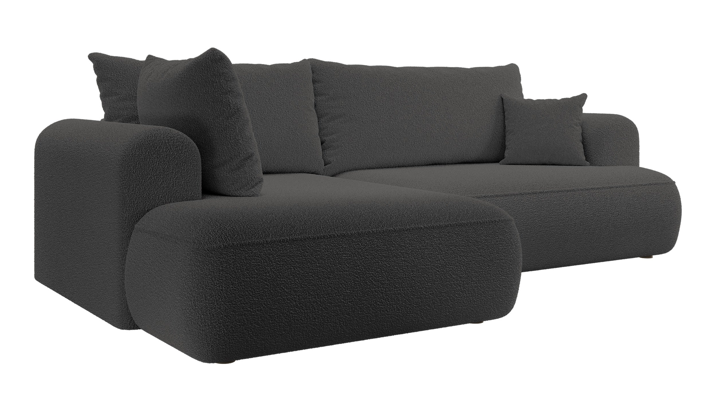 Ecksofa mit Schlaffunktion Ovo, L-förmig, mit Armlehne und Stauraum, dunkelgrauer Bouclé, linksseitig