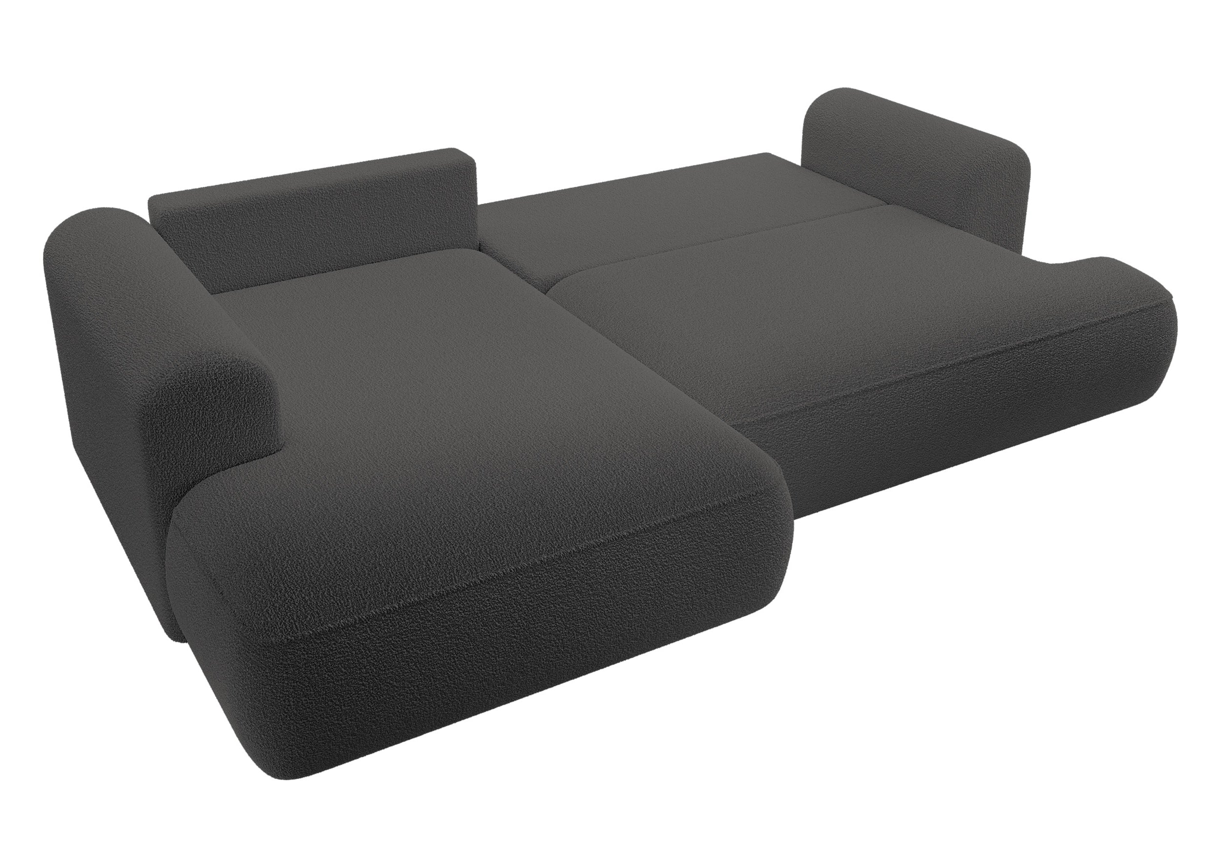 Ecksofa mit Schlaffunktion Ovo, L-förmig, mit Armlehne und Stauraum, dunkelgrauer Bouclé, linksseitig