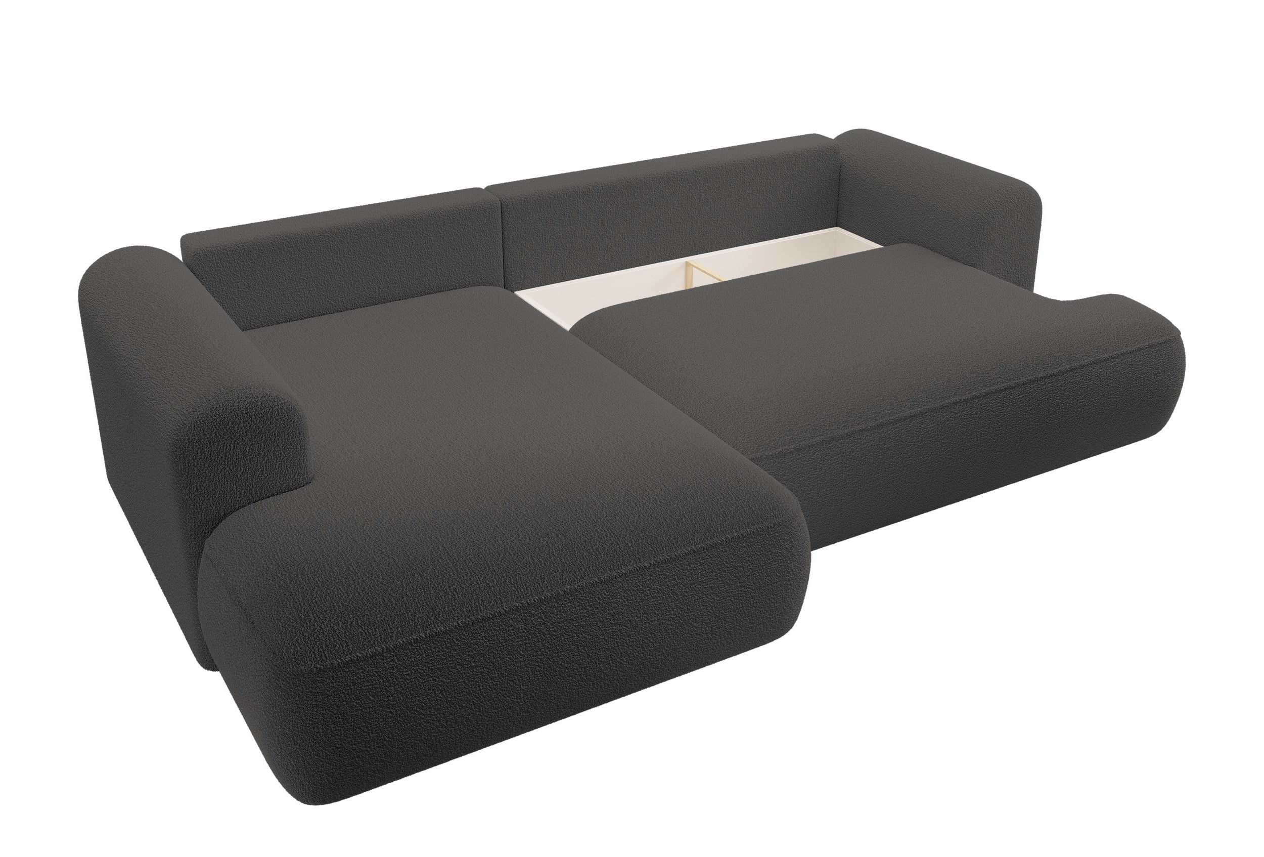 Ecksofa mit Schlaffunktion Ovo, L-förmig, mit Armlehne und Stauraum, dunkelgrauer Bouclé, linksseitig