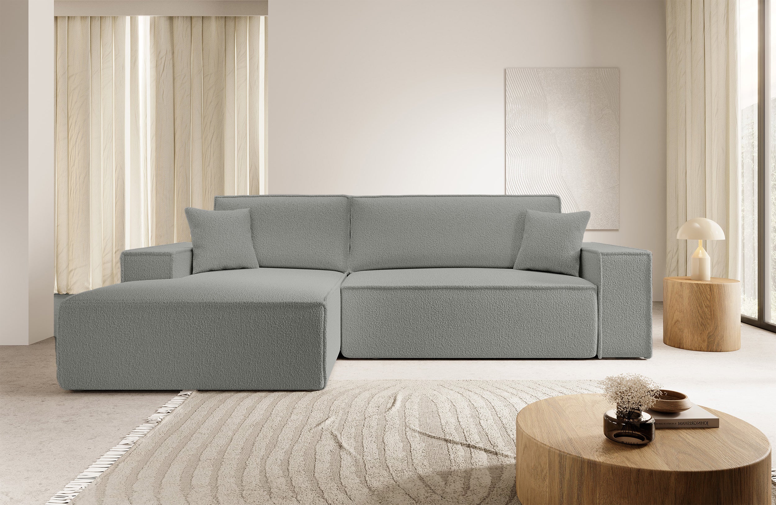 Ecksofa mit Schlaffunktion Farese New L-förmig mit Stauraum, grau Bouclé, linksseitig