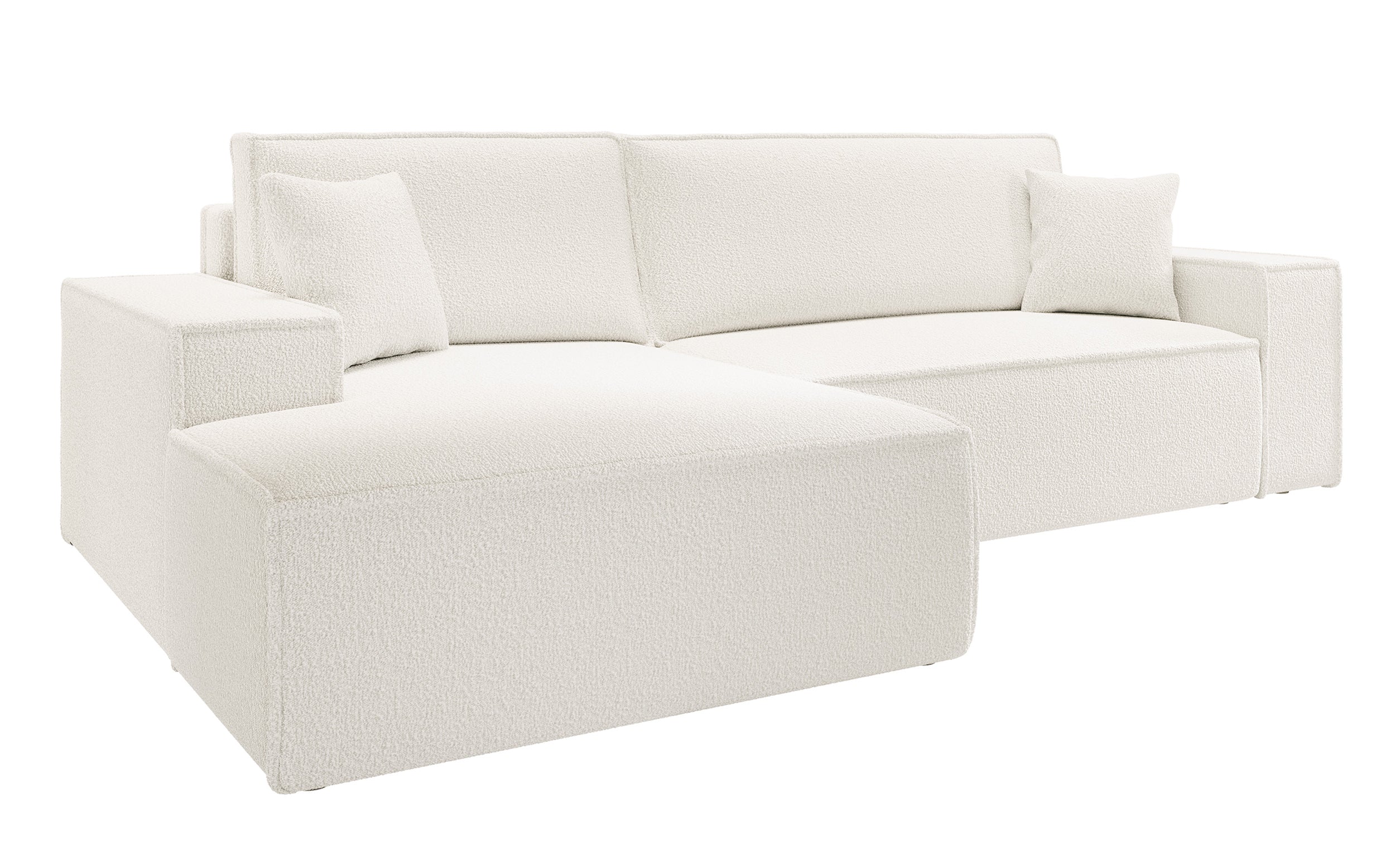 Ecksofa mit Schlaffunktion Farese New, L-förmig, mit Stauraum, cremefarbenes Bouclé, linksseitig