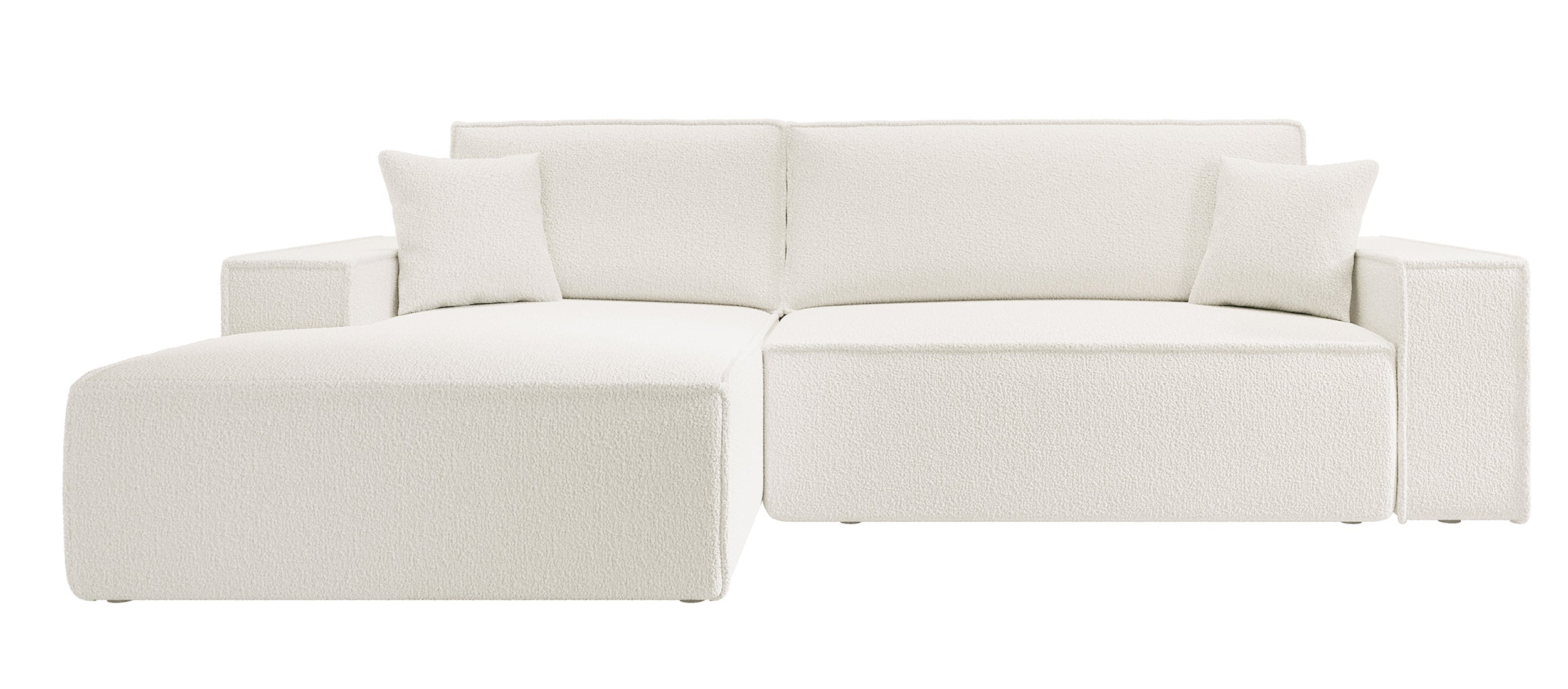 Ecksofa mit Schlaffunktion Farese New, L-förmig, mit Stauraum, cremefarbenes Bouclé, linksseitig