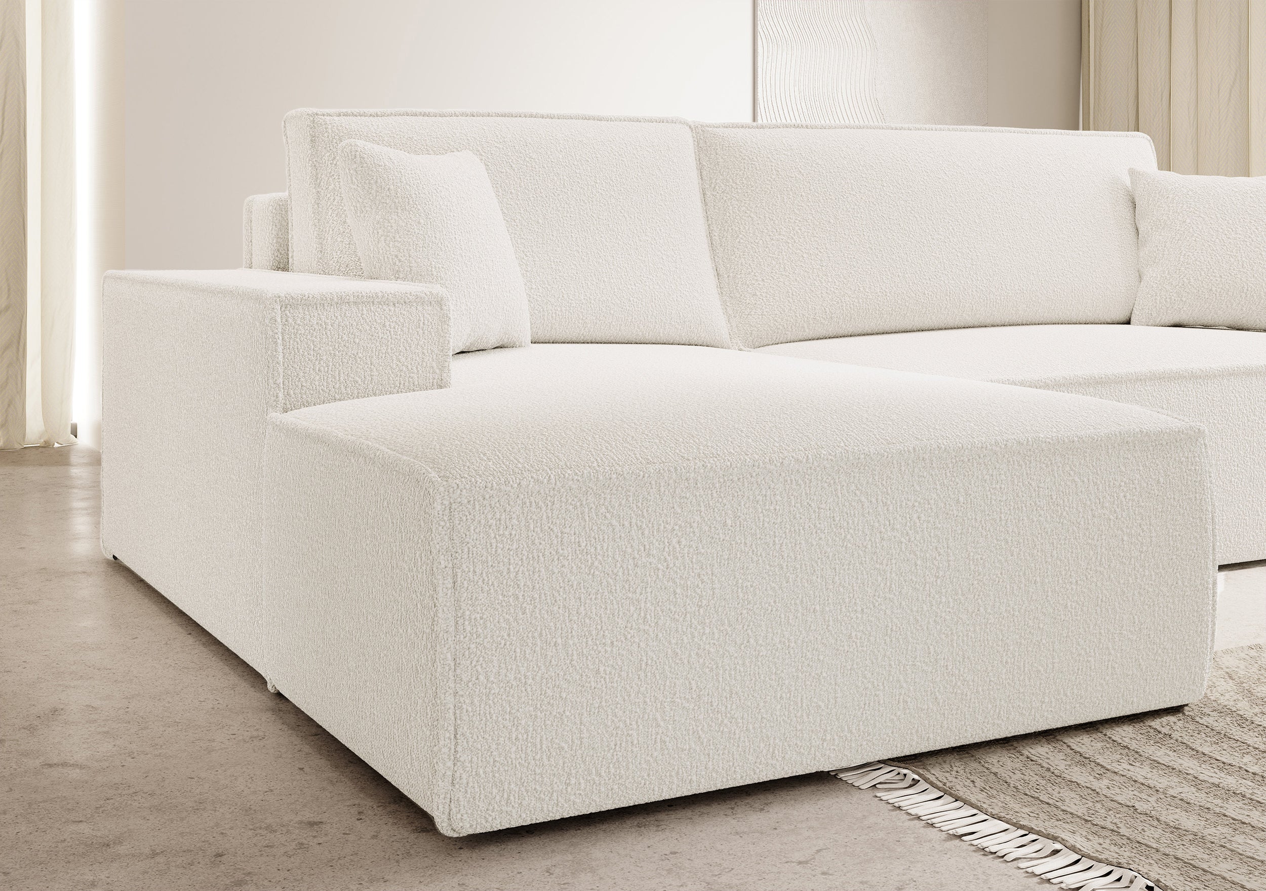 Ecksofa mit Schlaffunktion Farese New, L-förmig, mit Stauraum, cremefarbenes Bouclé, linksseitig