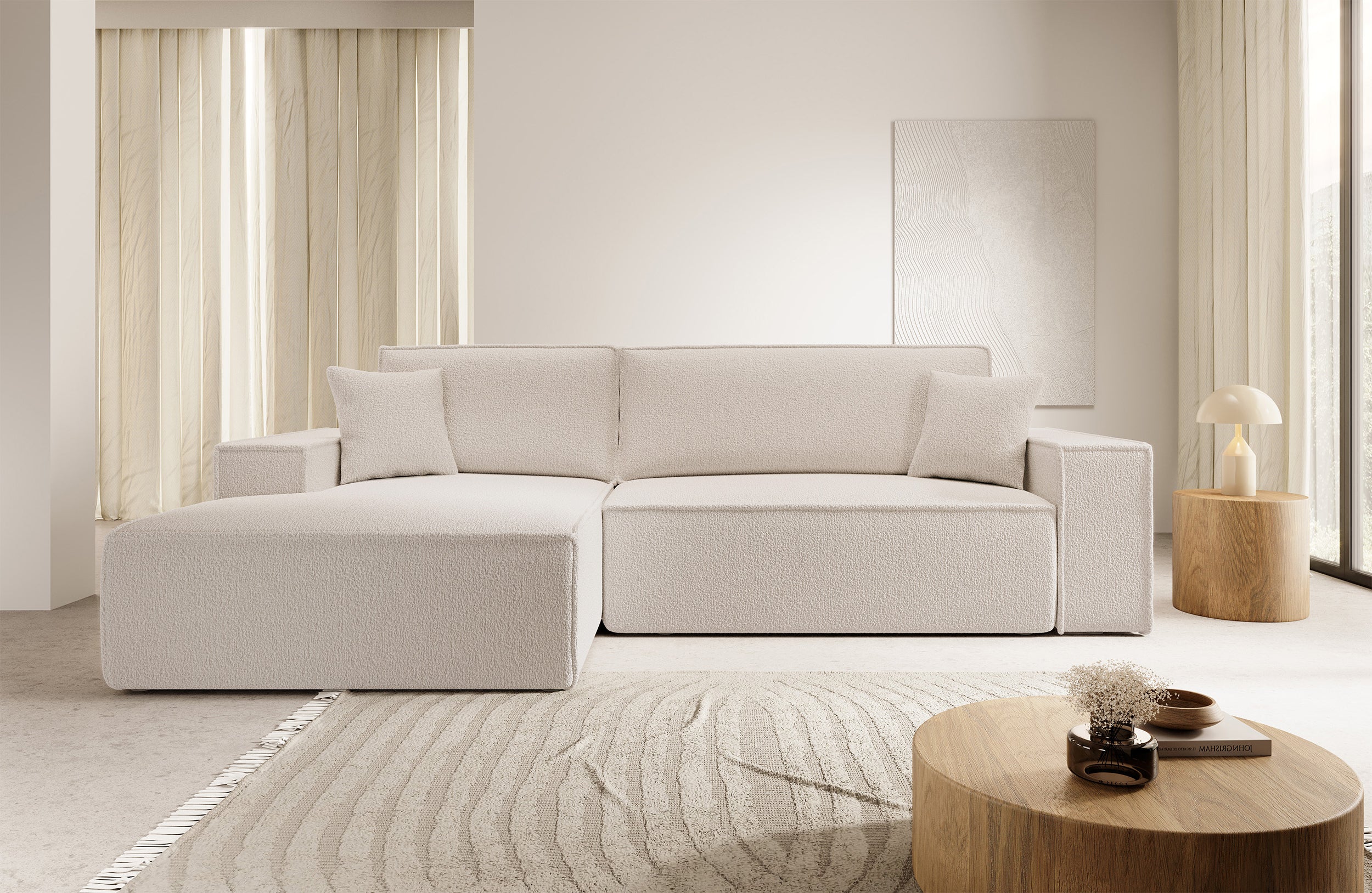 Ecksofa mit Schlaffunktion Farese New, L-förmig, mit Stauraum, beige Bouclé, linksseitig