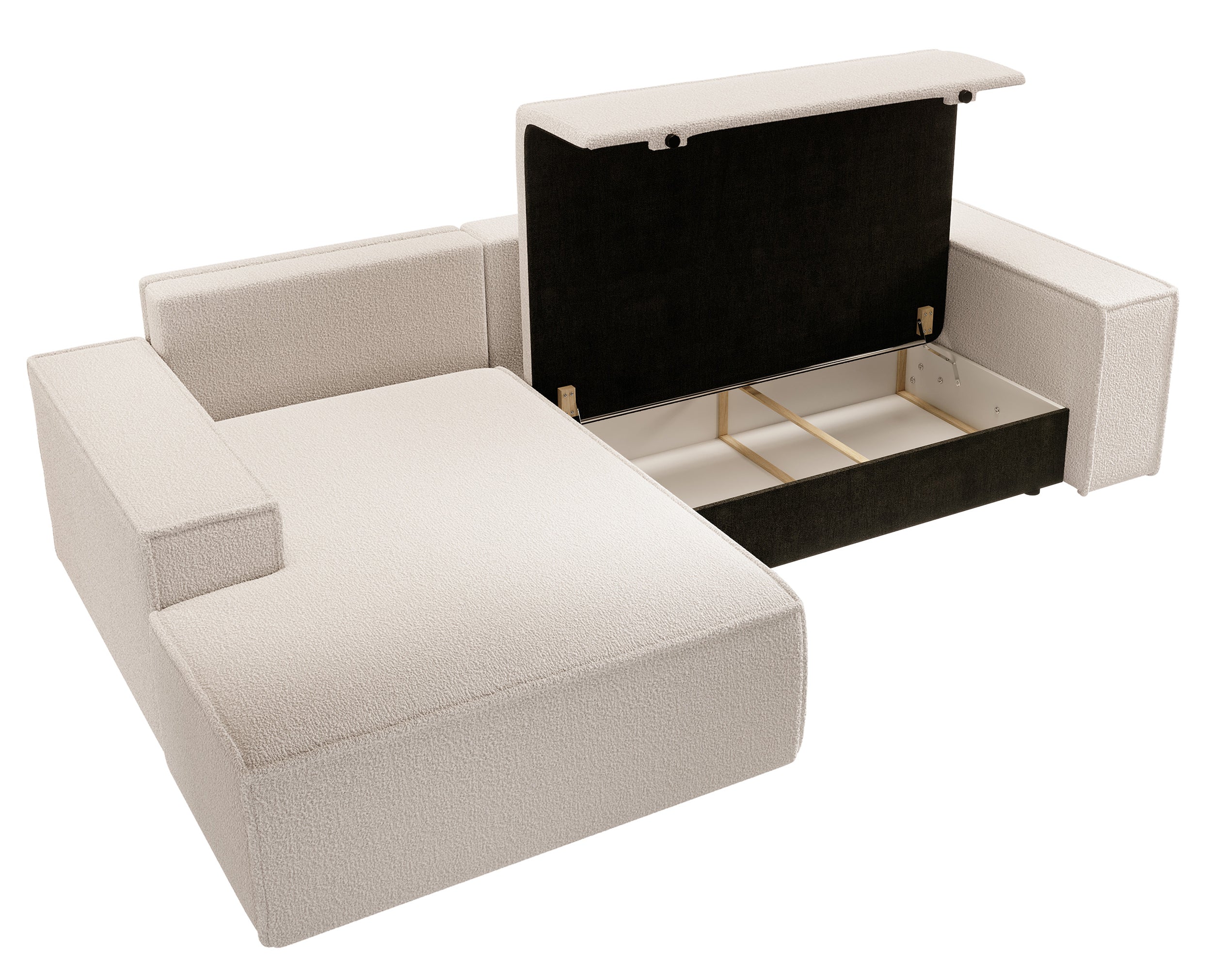 Ecksofa mit Schlaffunktion Farese New, L-förmig, mit Stauraum, beige Bouclé, linksseitig