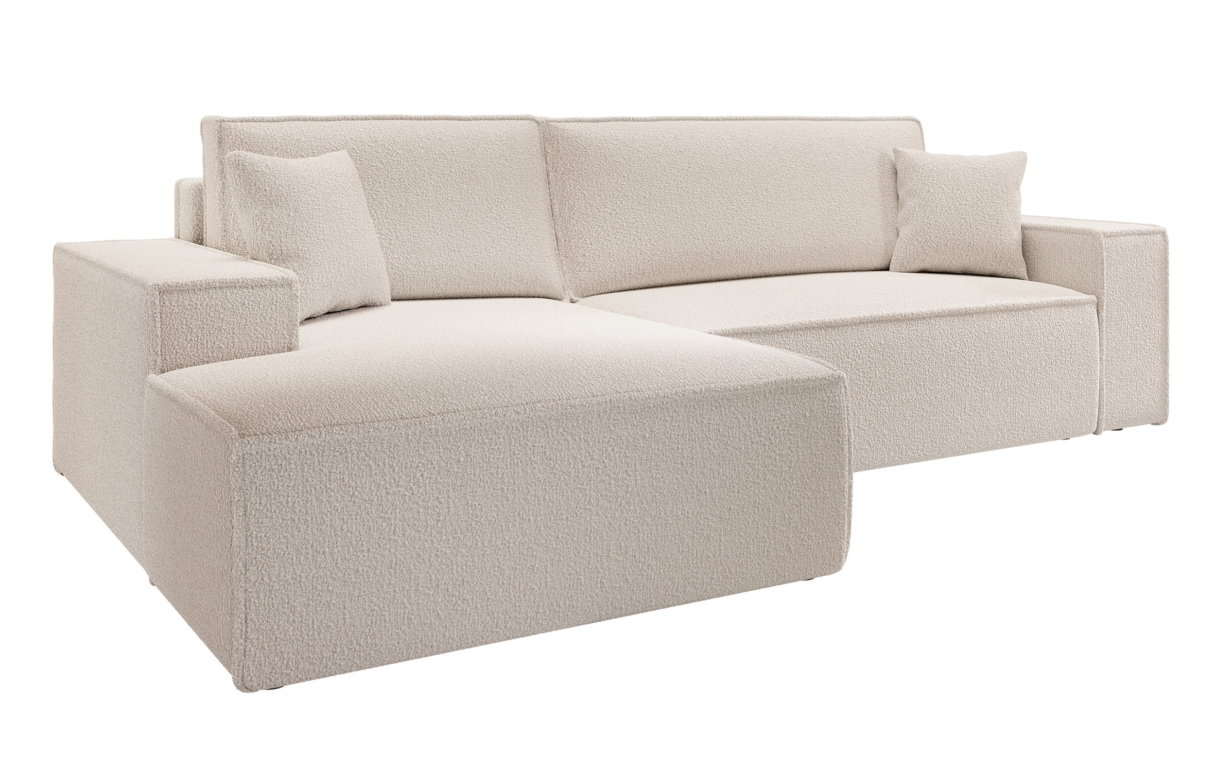 Ecksofa mit Schlaffunktion Farese New, L-förmig, mit Stauraum, beige Bouclé, linksseitig