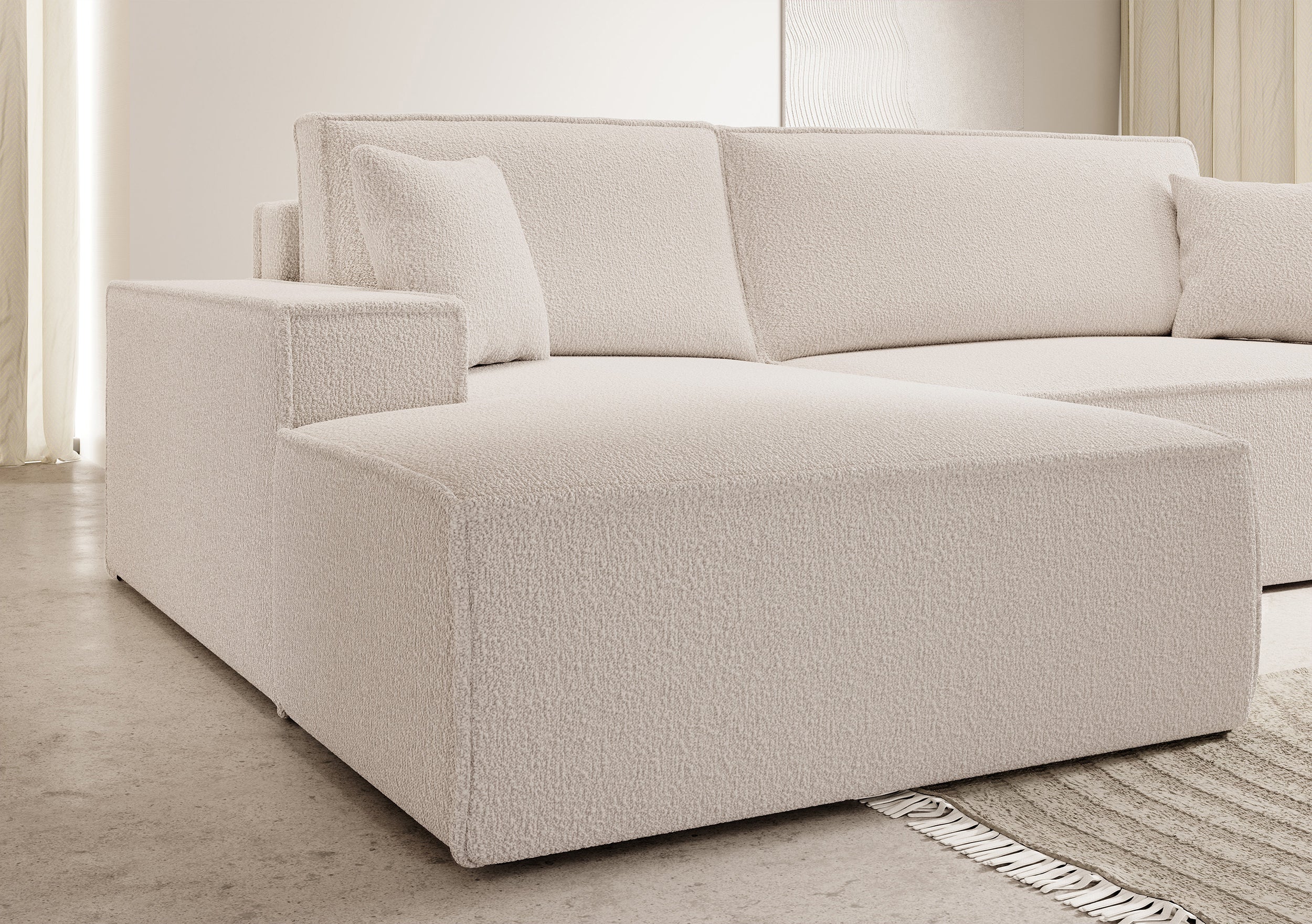Ecksofa mit Schlaffunktion Farese New, L-förmig, mit Stauraum, beige Bouclé, linksseitig