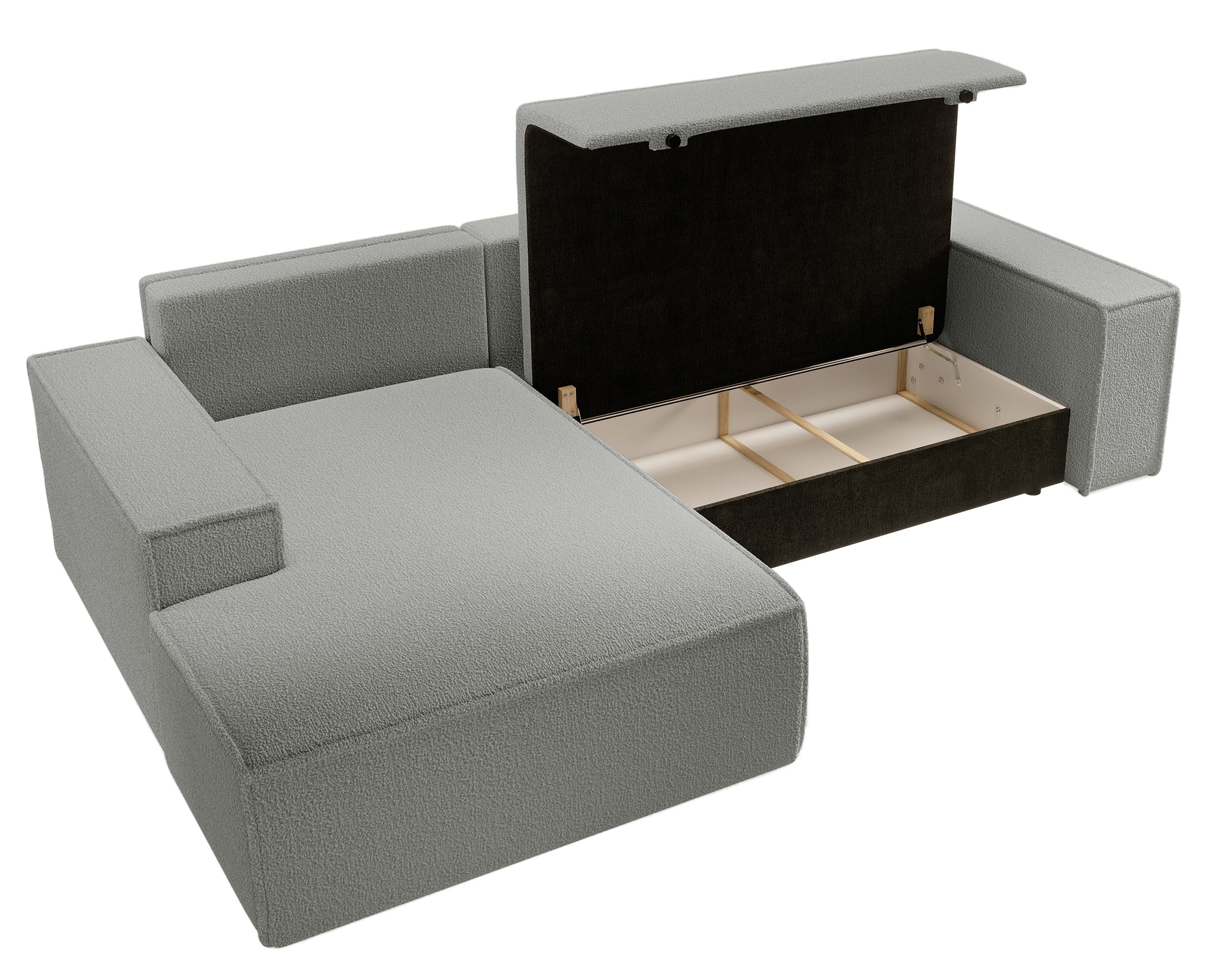 Ecksofa mit Schlaffunktion Farese New L-förmig mit Stauraum, grau Bouclé, linksseitig