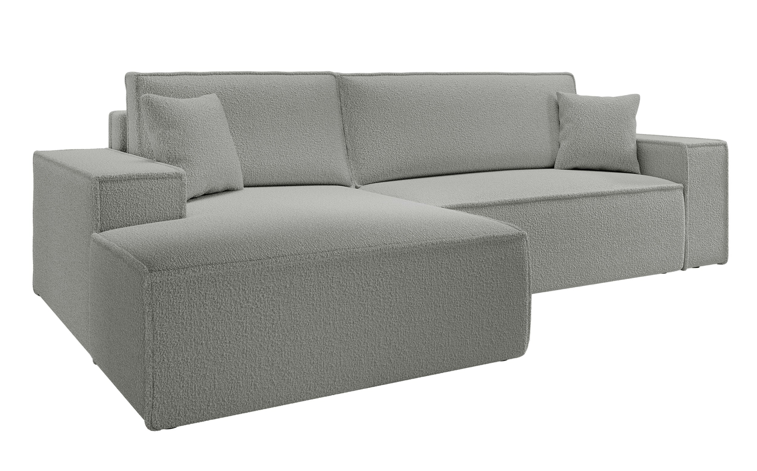 Ecksofa mit Schlaffunktion Farese New L-förmig mit Stauraum, grau Bouclé, linksseitig