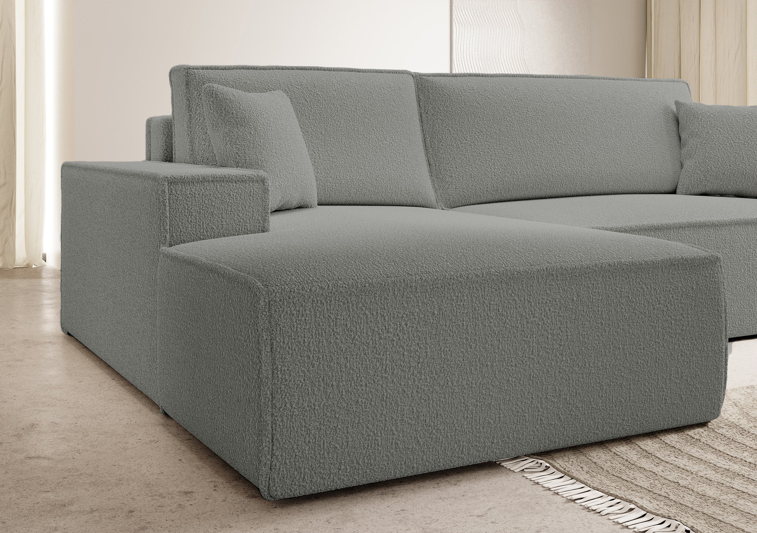 Ecksofa mit Schlaffunktion Farese New L-förmig mit Stauraum, grau Bouclé, linksseitig