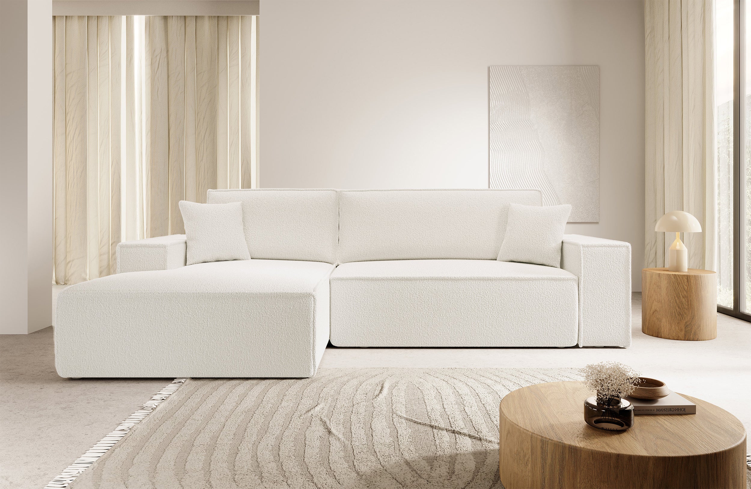 Ecksofa mit Schlaffunktion Farese New, L-förmig, mit Stauraum, cremefarbenes Bouclé, linksseitig