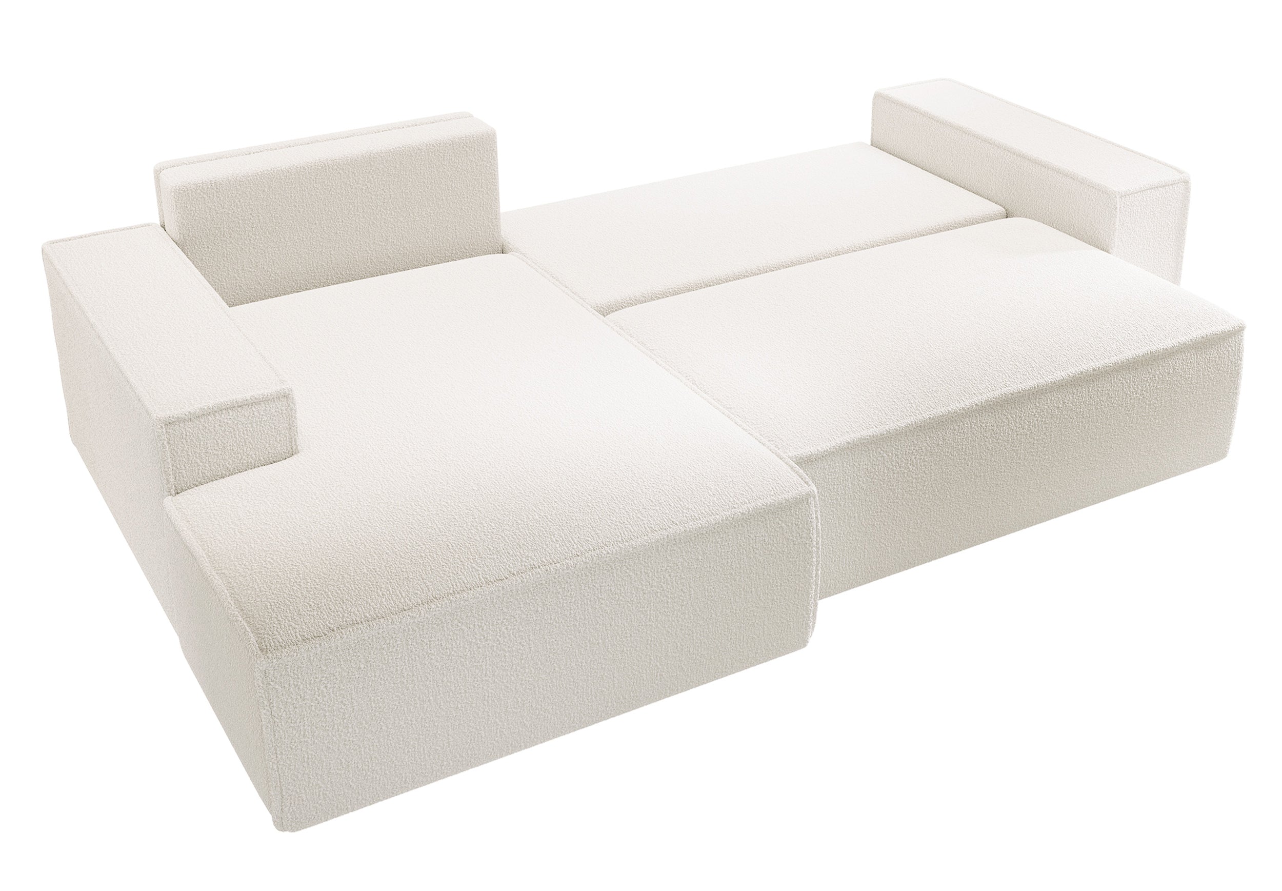 Ecksofa mit Schlaffunktion Farese New, L-förmig, mit Stauraum, cremefarbenes Bouclé, linksseitig