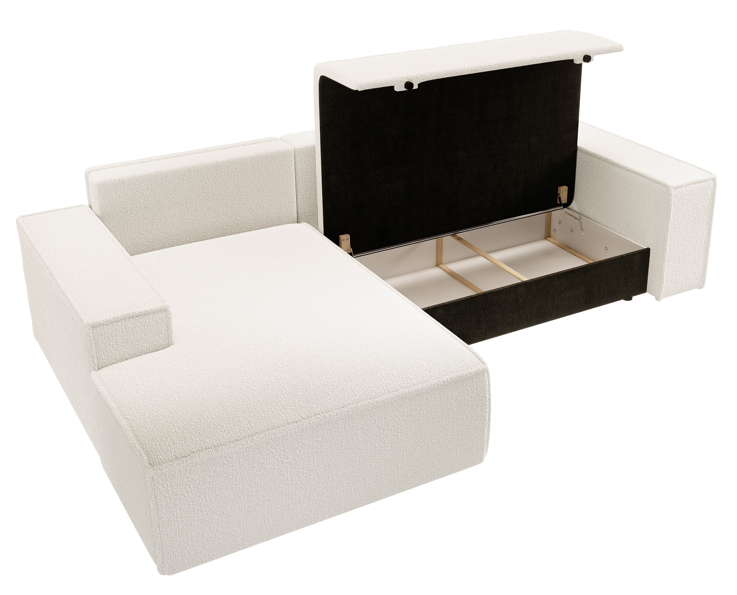 Ecksofa mit Schlaffunktion Farese New, L-förmig, mit Stauraum, cremefarbenes Bouclé, linksseitig