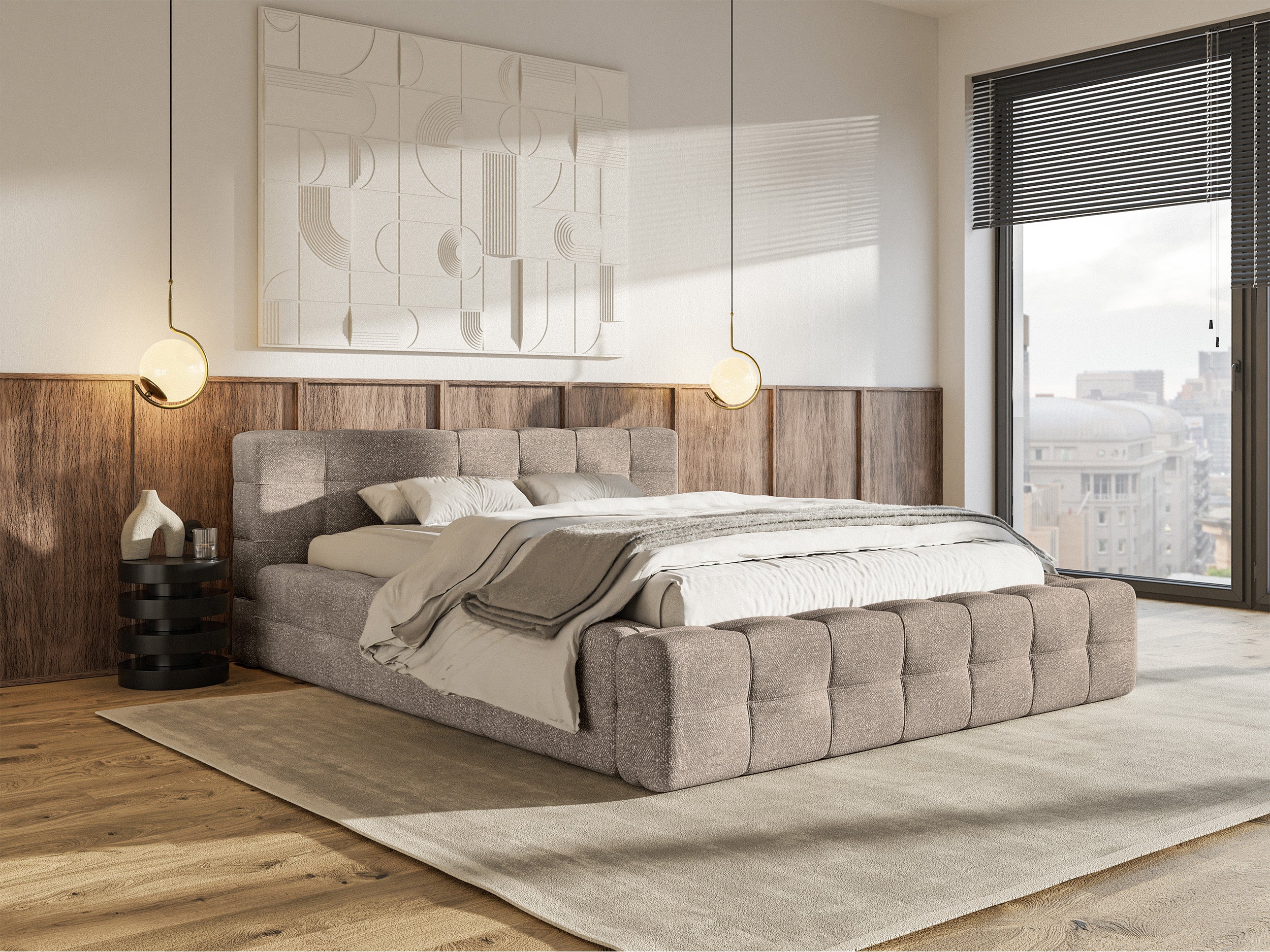 Polsterbett Puffly 140x200 cm mit Stauraum, Metallrahmen, hellbrauner Chenille-Stoff