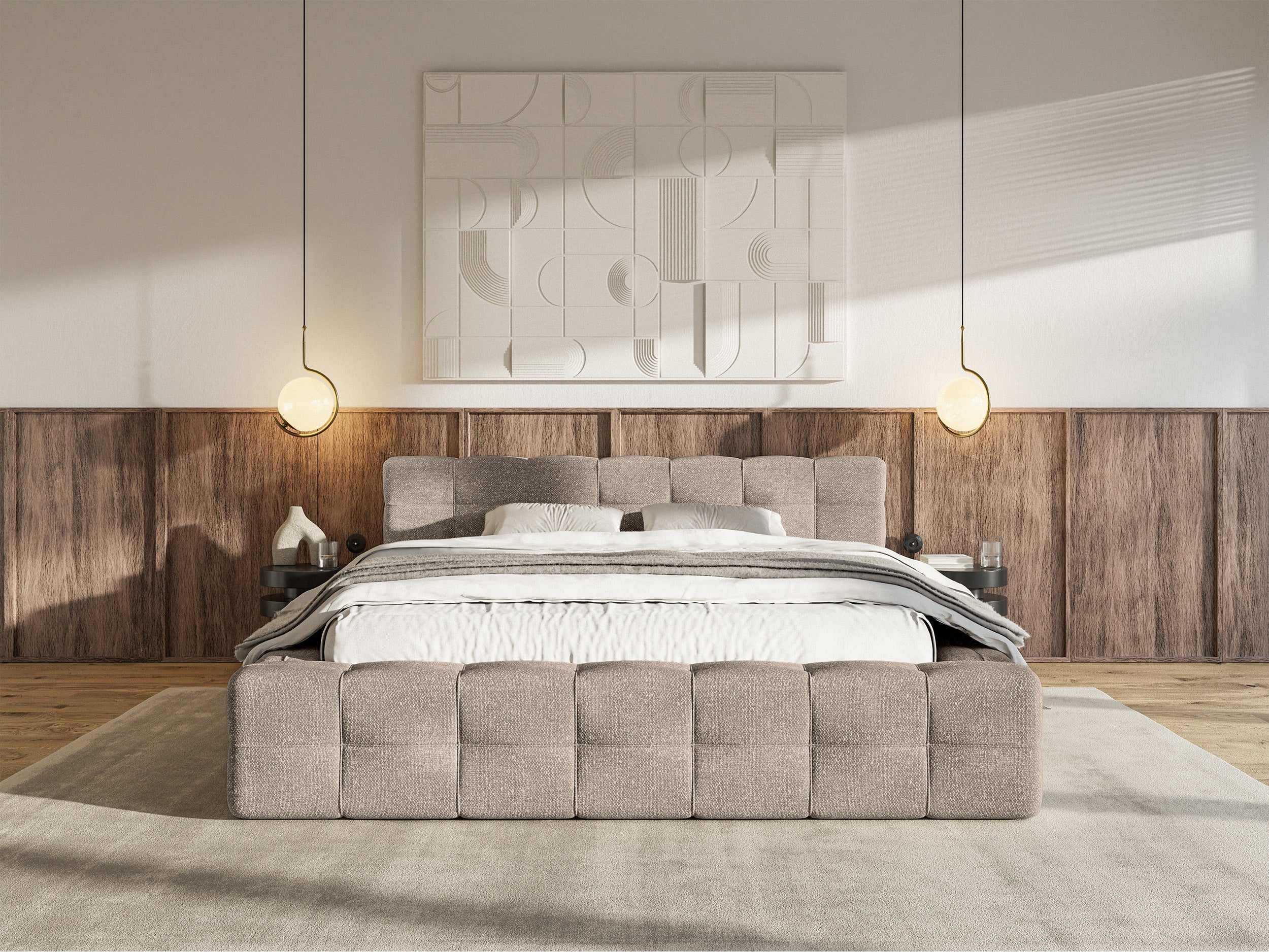 Polsterbett Puffly 180x200 cm mit Stauraum, Metallrahmen, hellbraunes Chenille