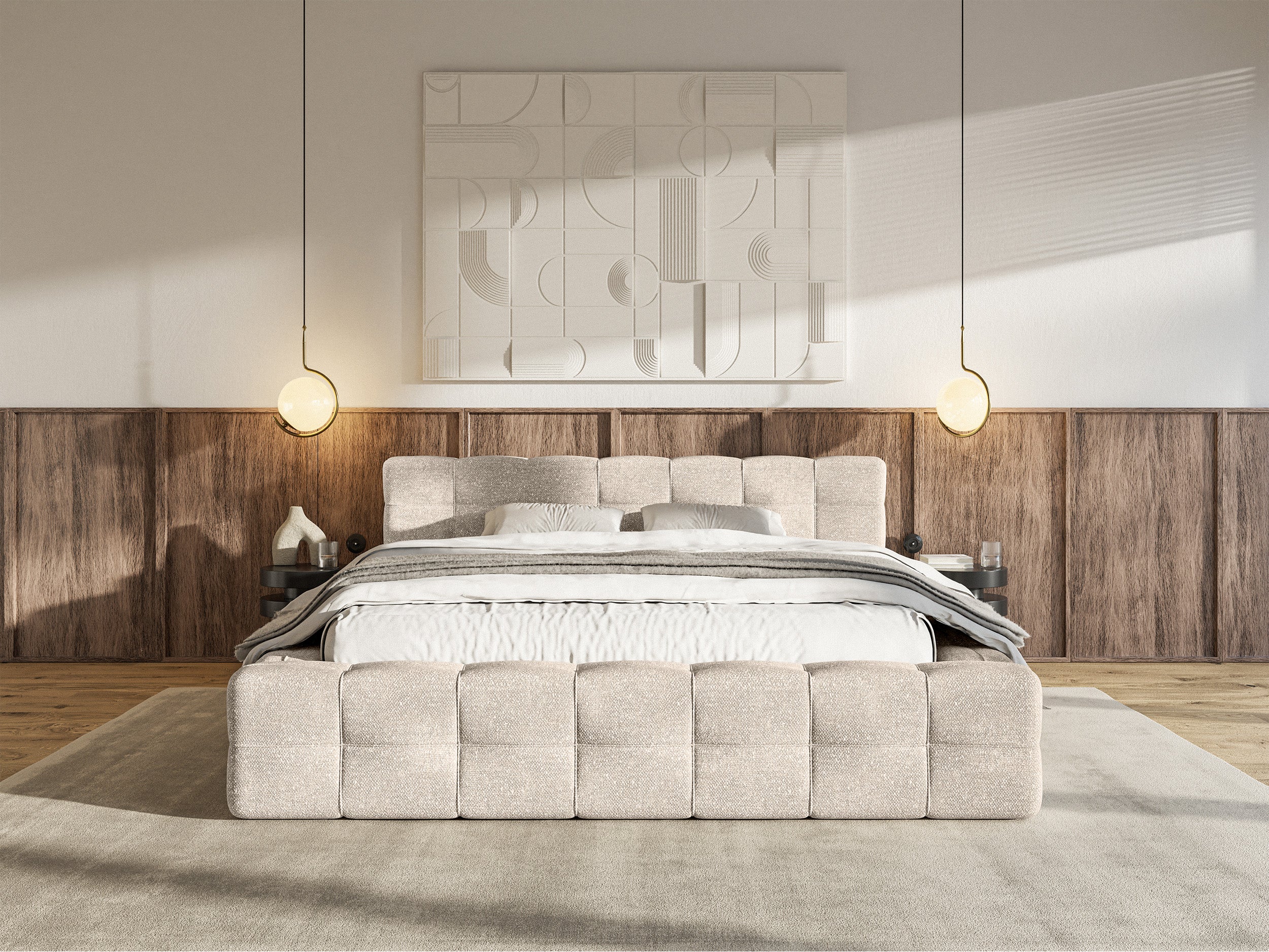 Gepolstertes Bett Puffly 140x200 cm mit Stauraum, Metallrahmen, beiger Chenille-Stoff