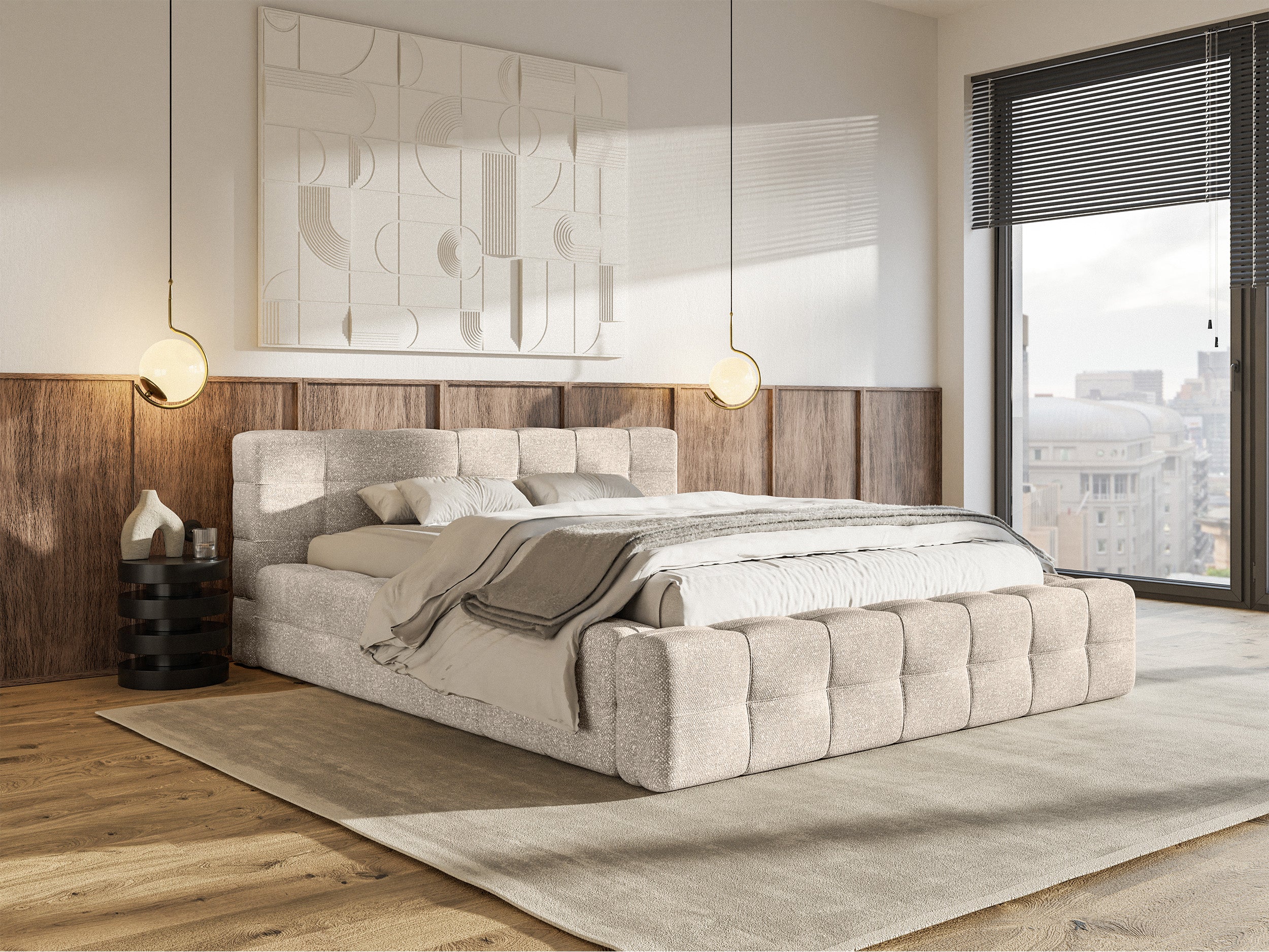 Gepolstertes Bett Puffly 140x200 cm mit Stauraum, Metallrahmen, beiger Chenille-Stoff
