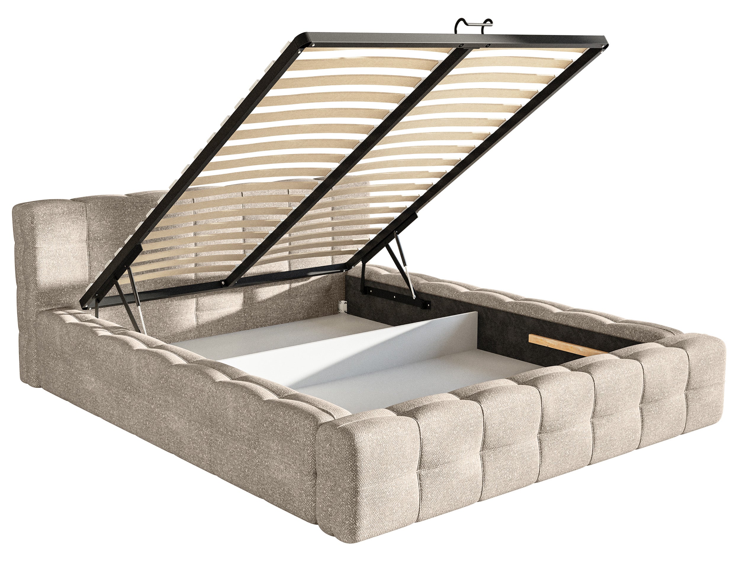 Gepolstertes Bett Puffly 160x200 cm mit Stauraum, Metallrahmen, beiger Chenille
