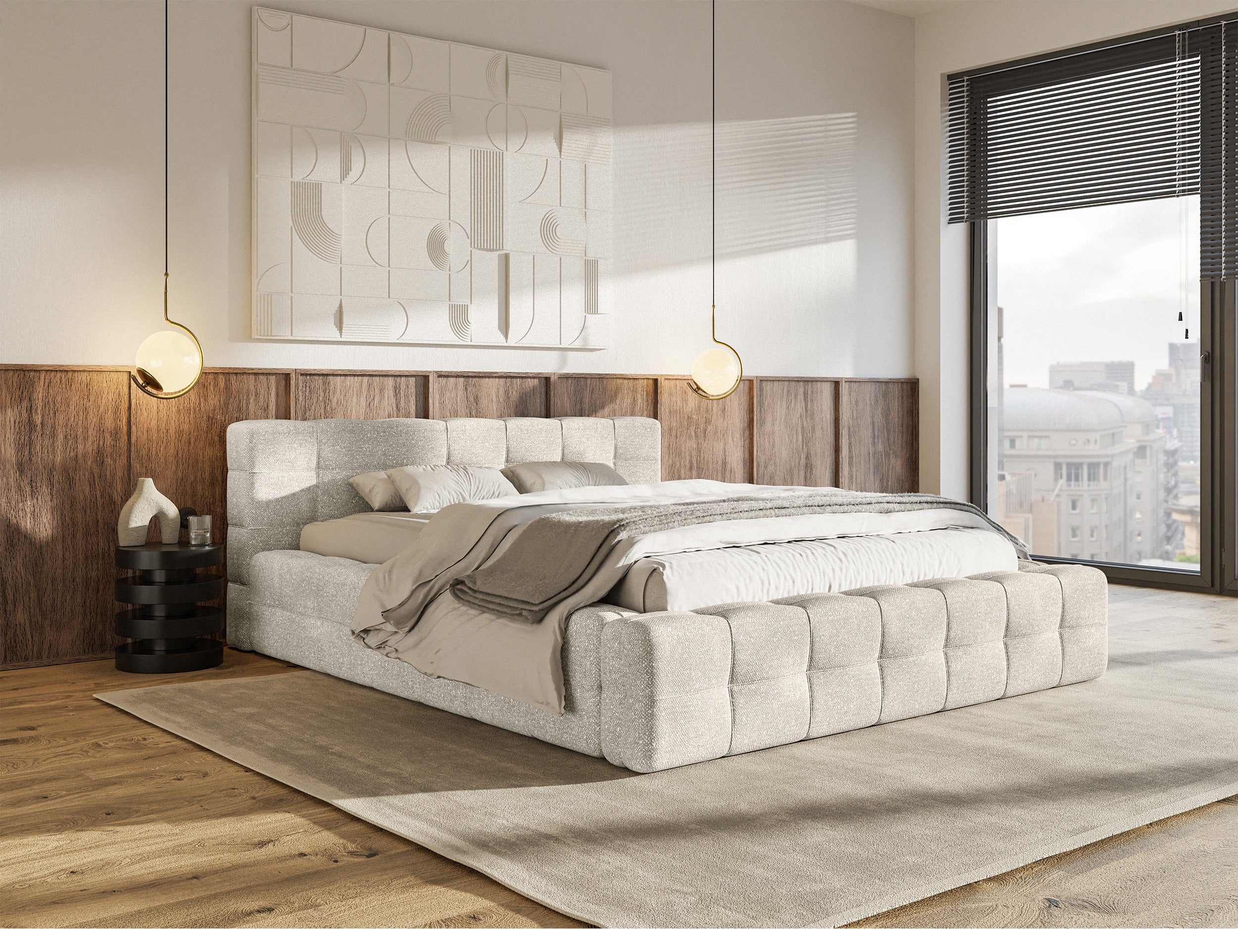 Polsterbett Puffly 140x200 cm mit Stauraum, Metallrahmen, cremefarbener Chenille-Bezug