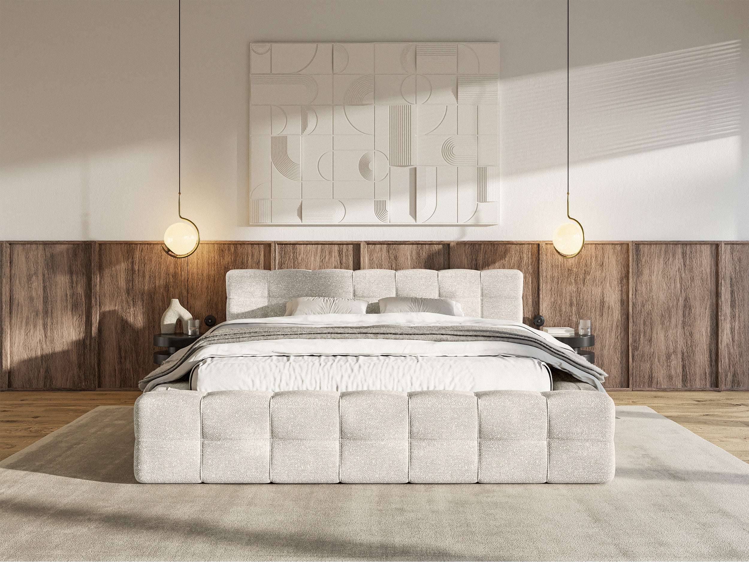 Polsterbett Puffly 180x200 cm mit Stauraum, Metallrahmen, cremefarbener Chenillestoff