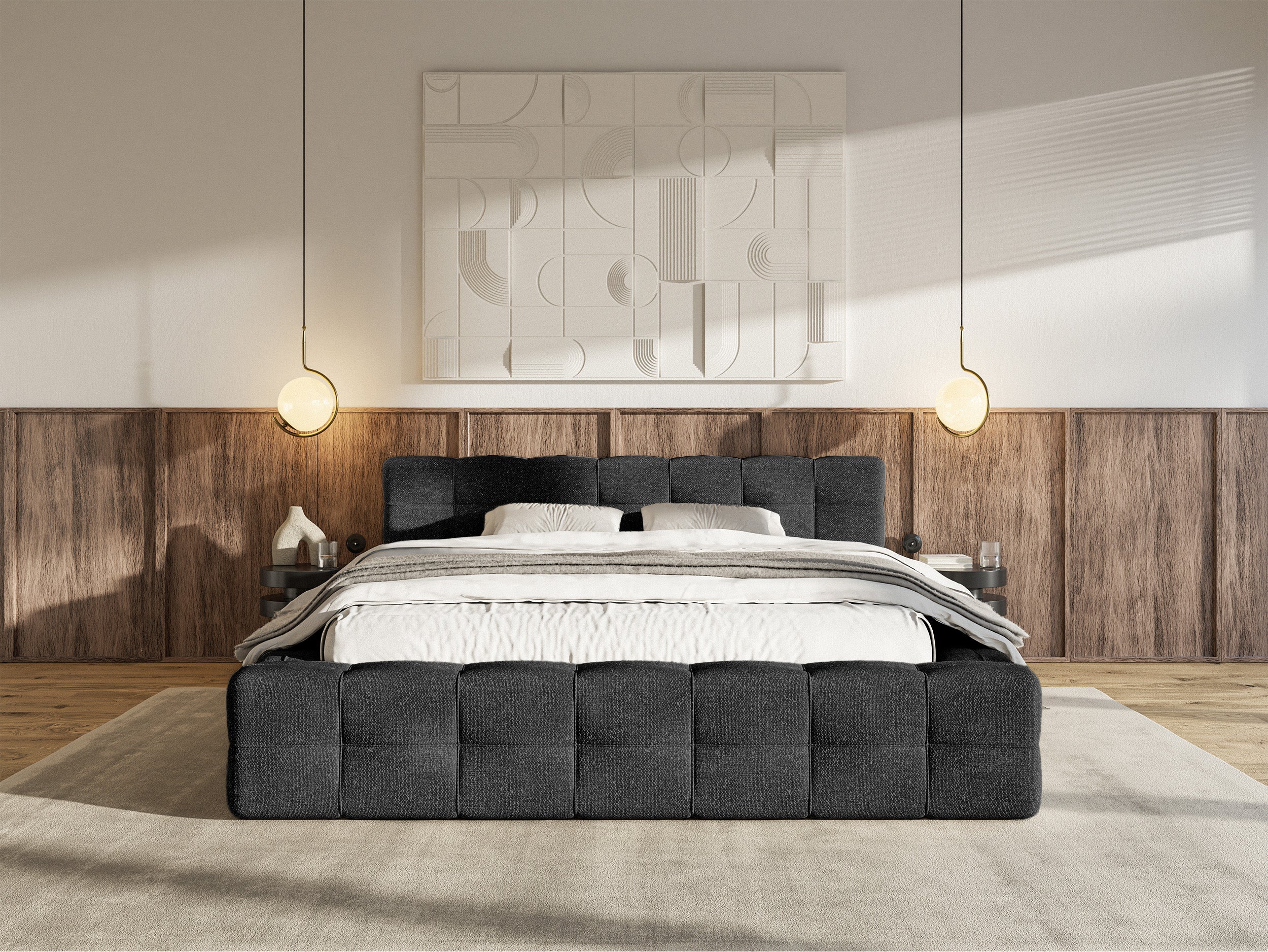 Gepolstertes Bett Puffly 140x200 cm mit Stauraum, Metallrahmen schwarz, Chenille