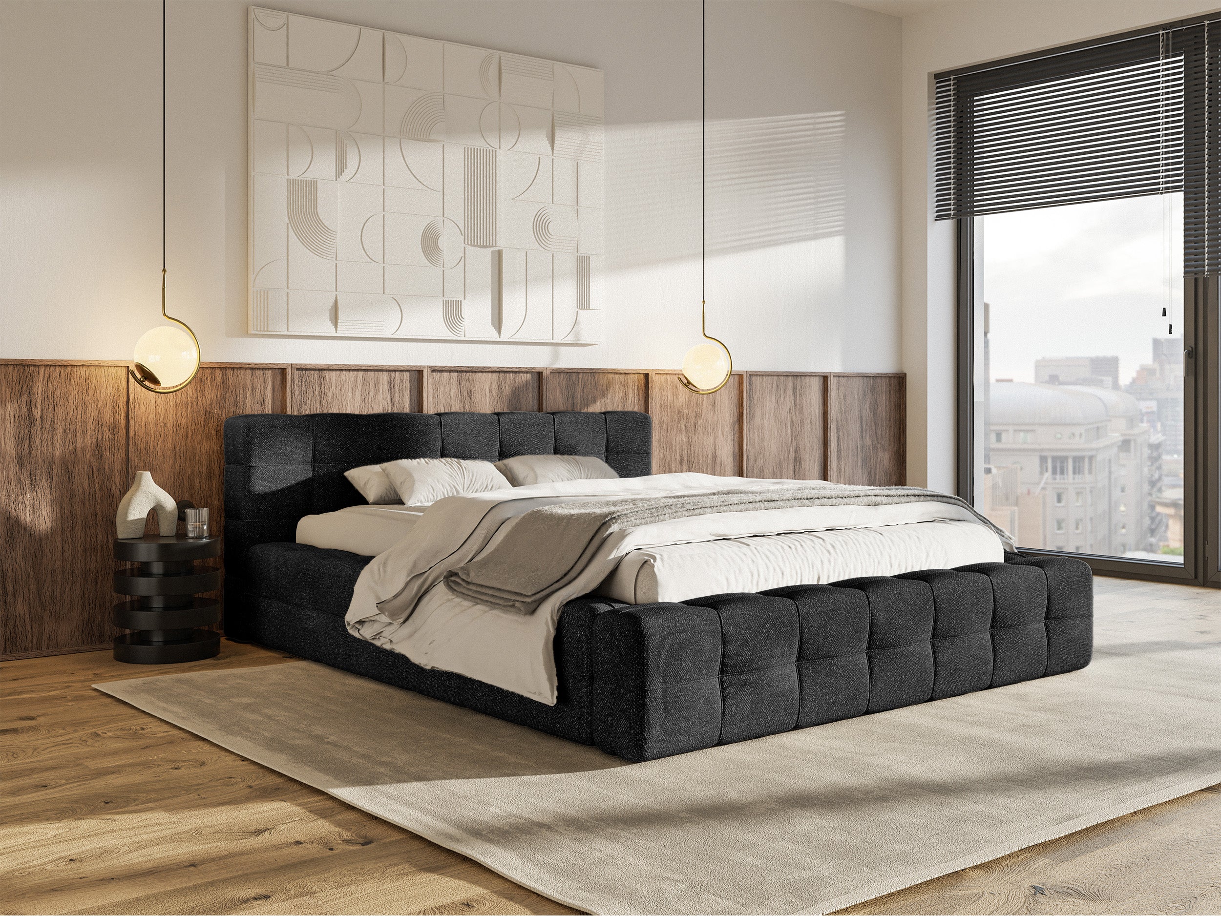 Polsterbett Puffly 180x200 cm mit Stauraum, Metallrahmen schwarz, Chenille