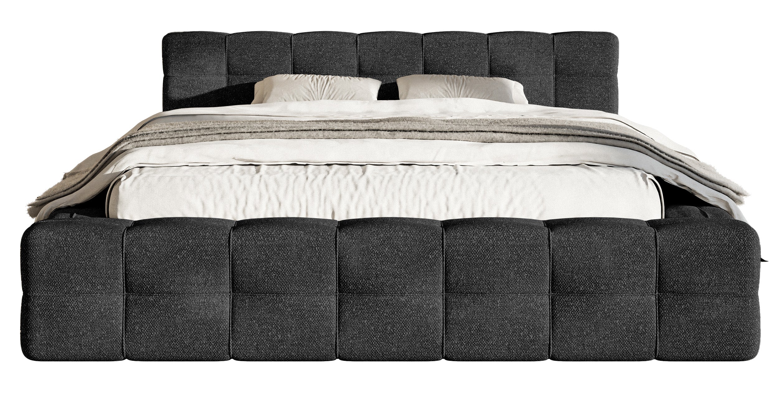 Gepolstertes Bett Puffly 140x200 cm mit Stauraum, Metallrahmen schwarz, Chenille
