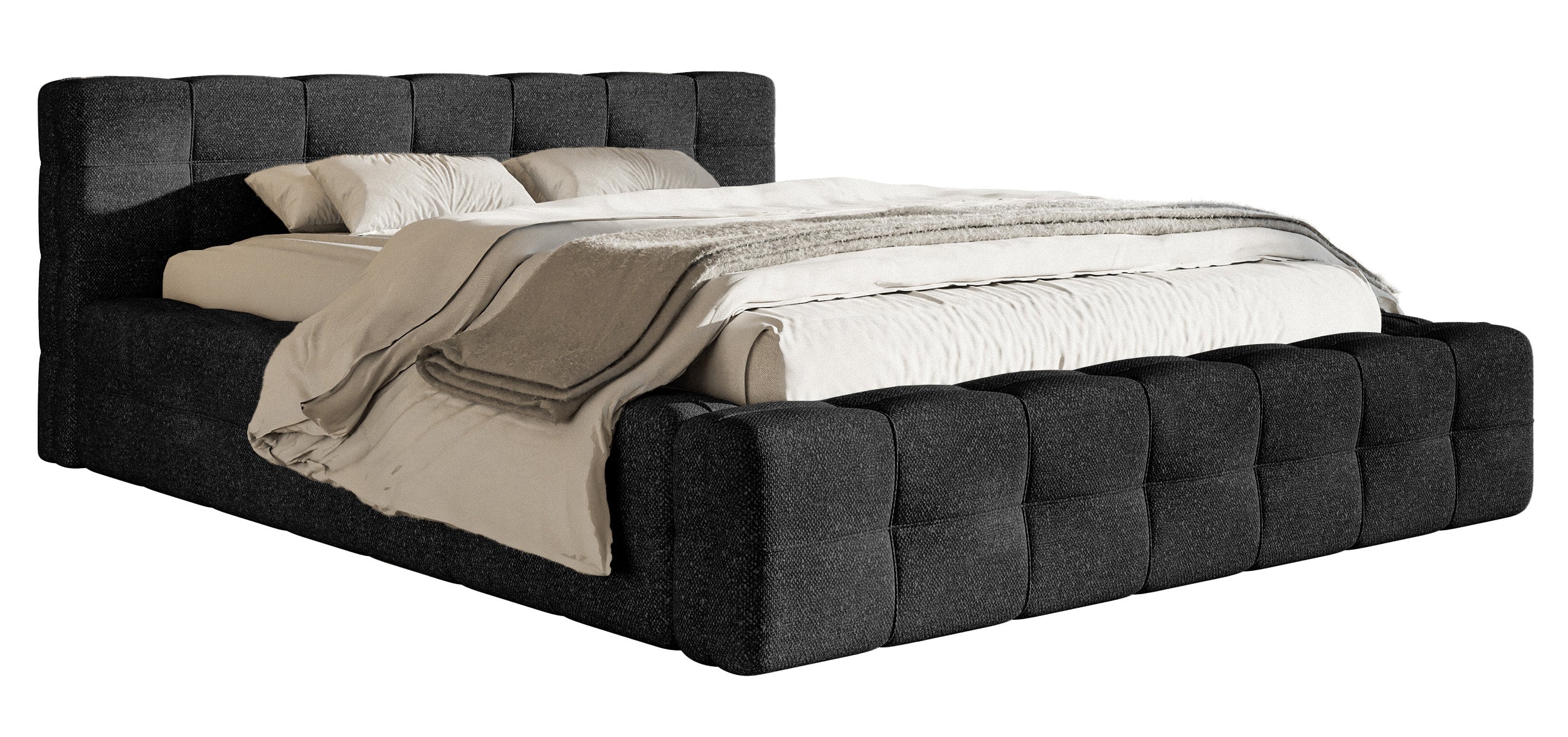 Polsterbett Puffly 160x200 cm mit Stauraum, Metallrahmen schwarz, Chenille