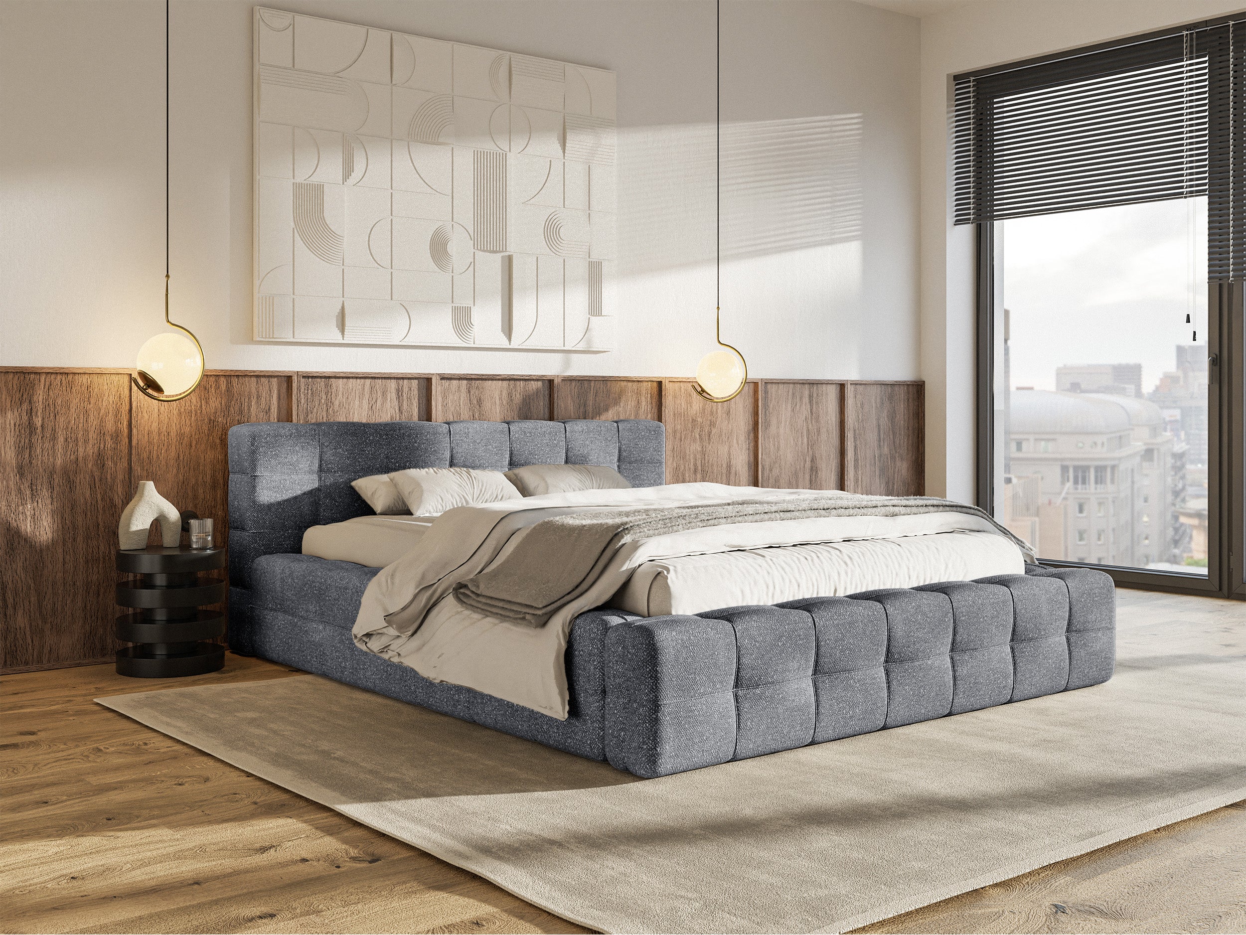 Polsterbett Puffly 140x200 cm mit Stauraum, Metallrahmen, dunkelgrauer Chenille-Stoff