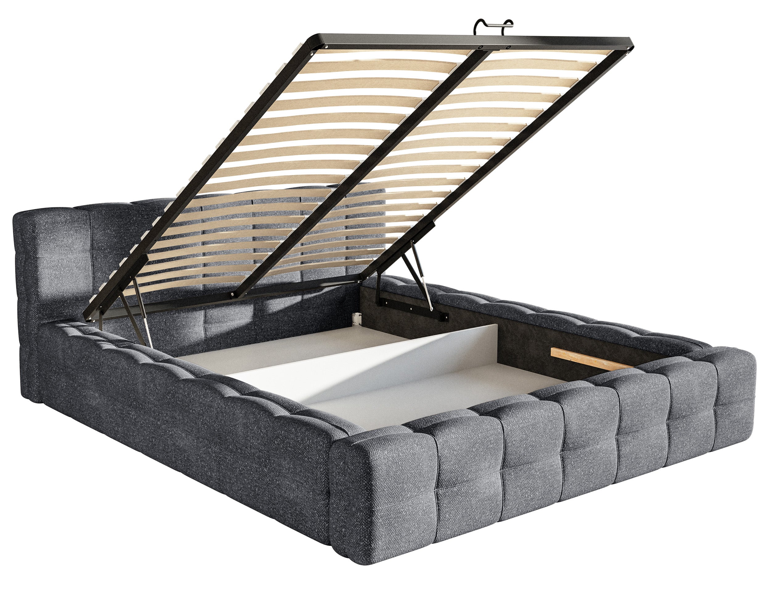 Gepolstertes Bett Puffly 160x200 cm mit Stauraum, Metallrahmen, dunkelgrauer Chenille
