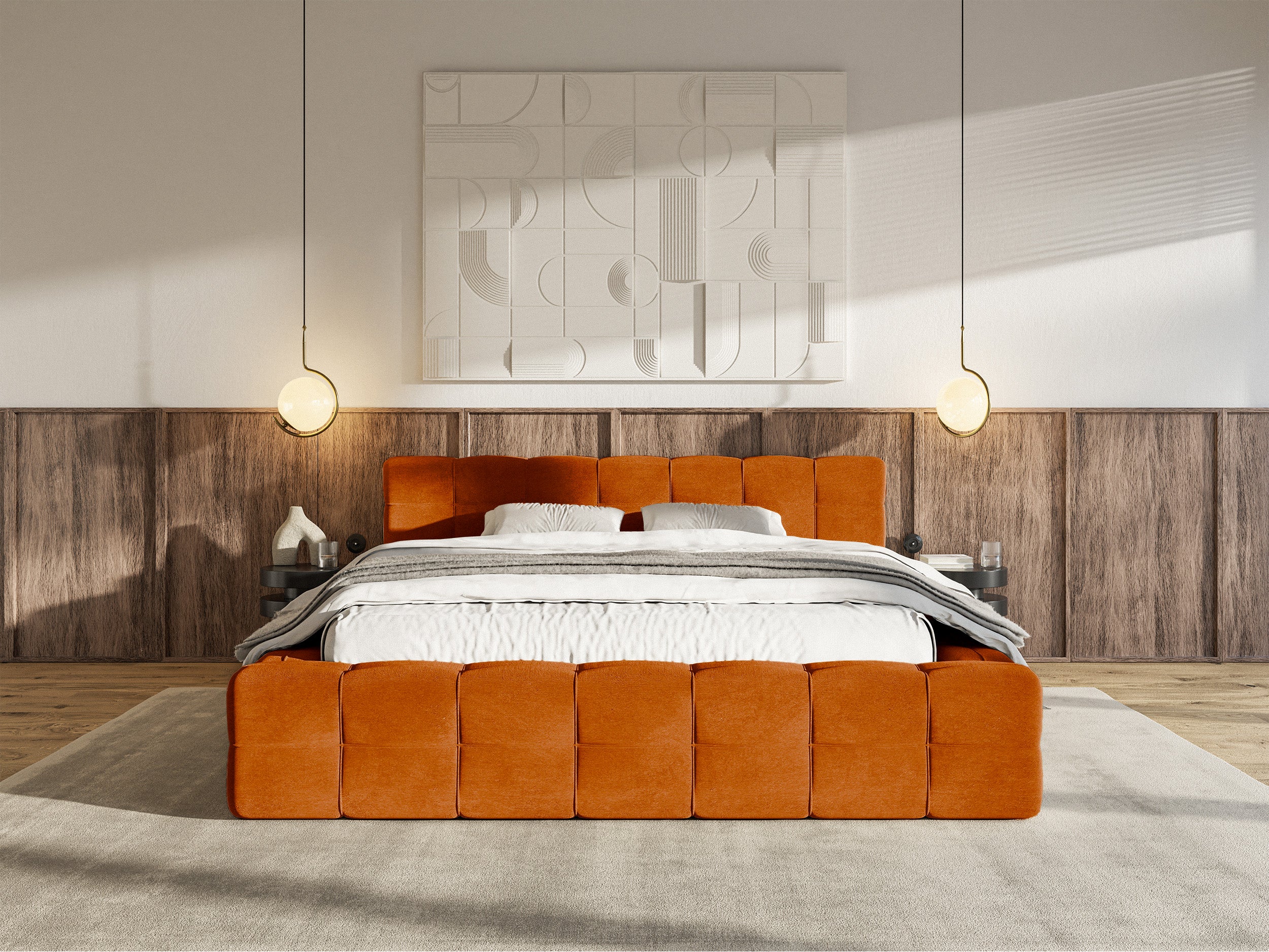 Polsterbett Puffly 180x200 cm mit Stauraum, Metallrahmen in Kupfer, Samt