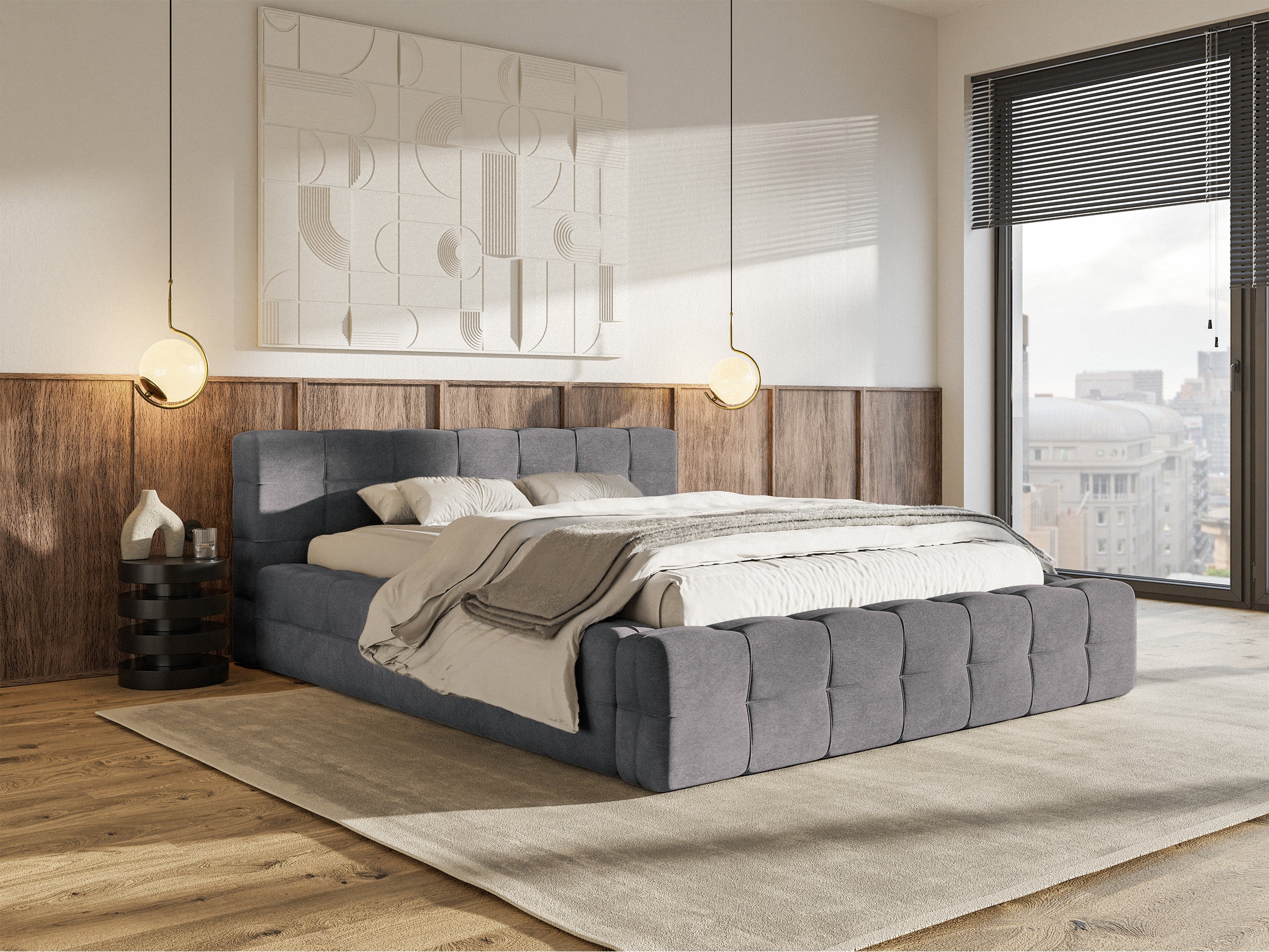Gepolstertes Bett Puffly 180x200 cm mit Stauraum, Metallrahmen, grauer Samt