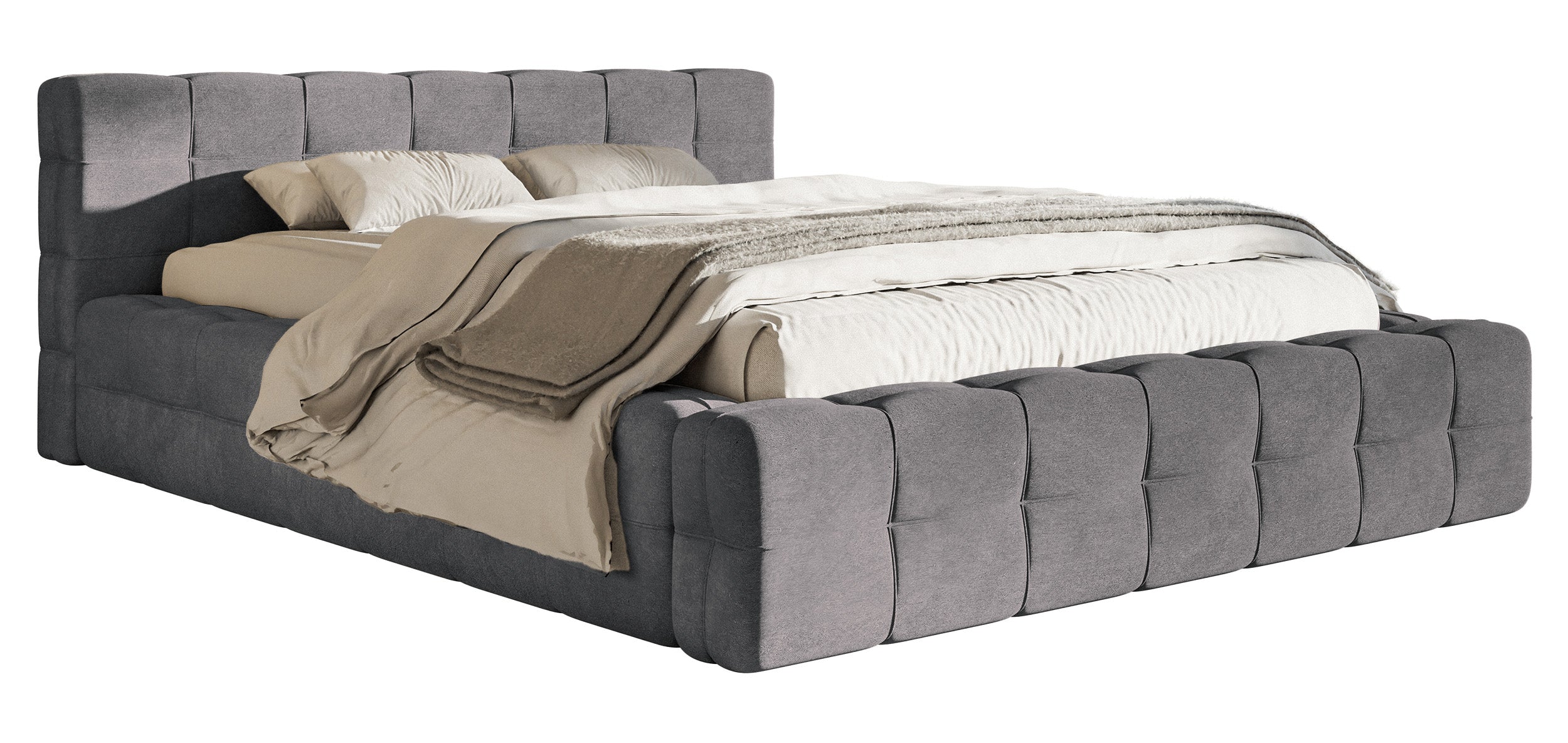 Gepolstertes Bett Puffly 160x200 cm mit Stauraum, Metallrahmen, grauer Samt