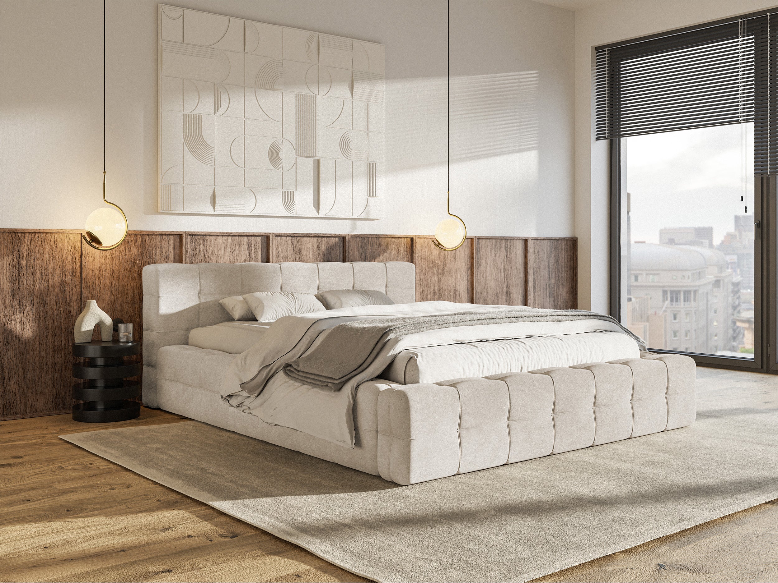 Gepolstertes Bett Puffly 140x200 cm mit Stauraum, Metallrahmen, grau-beiger Samt