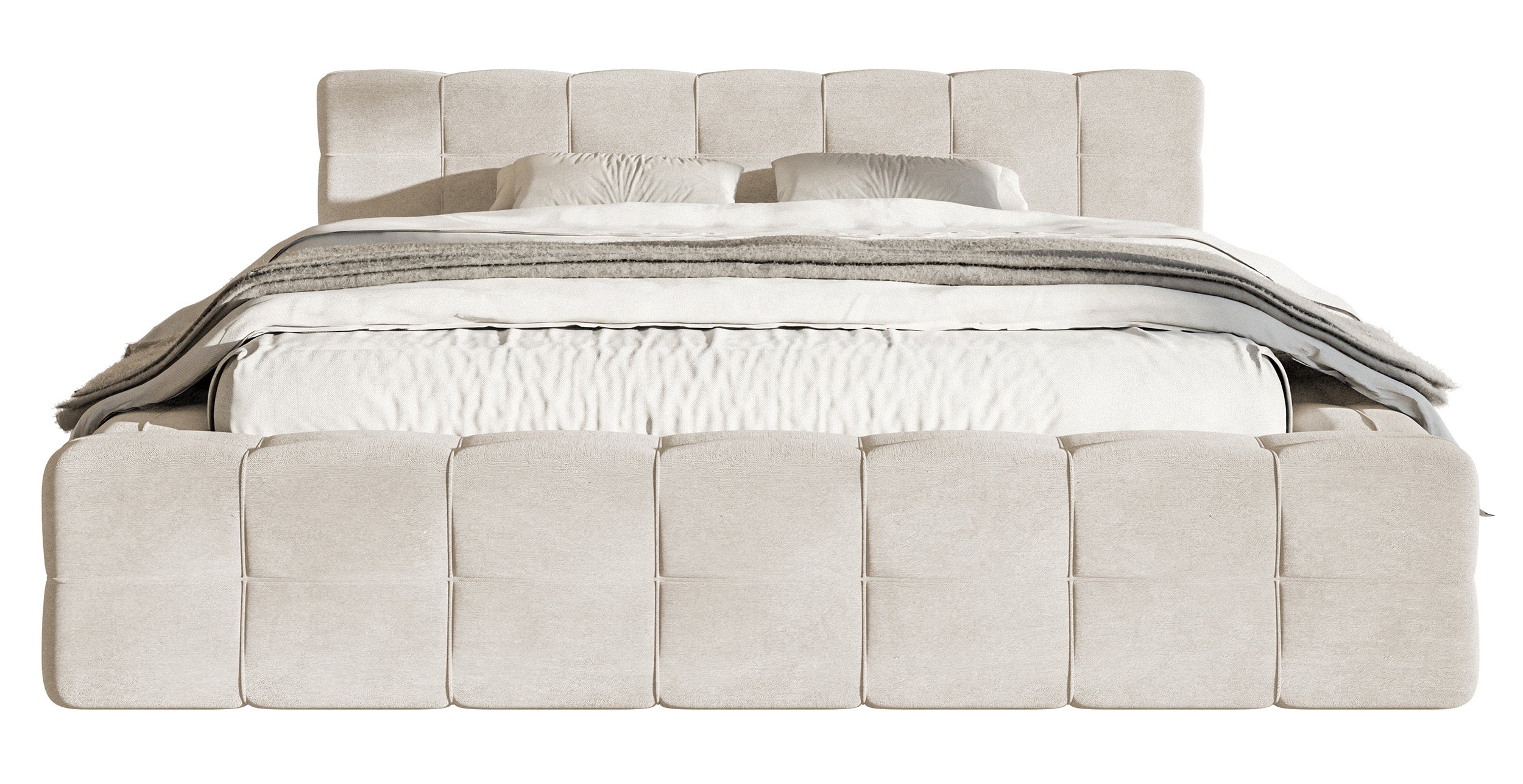Gepolstertes Bett Puffly 140x200 cm mit Stauraum, Metallrahmen, grau-beiger Samt