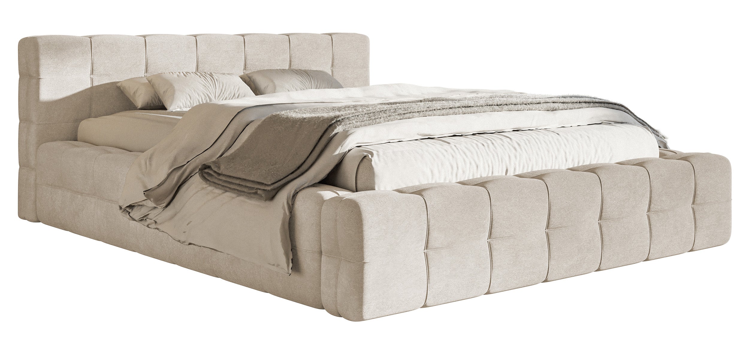 Gepolstertes Bett Puffly 140x200 cm mit Stauraum, Metallrahmen, grau-beiger Samt