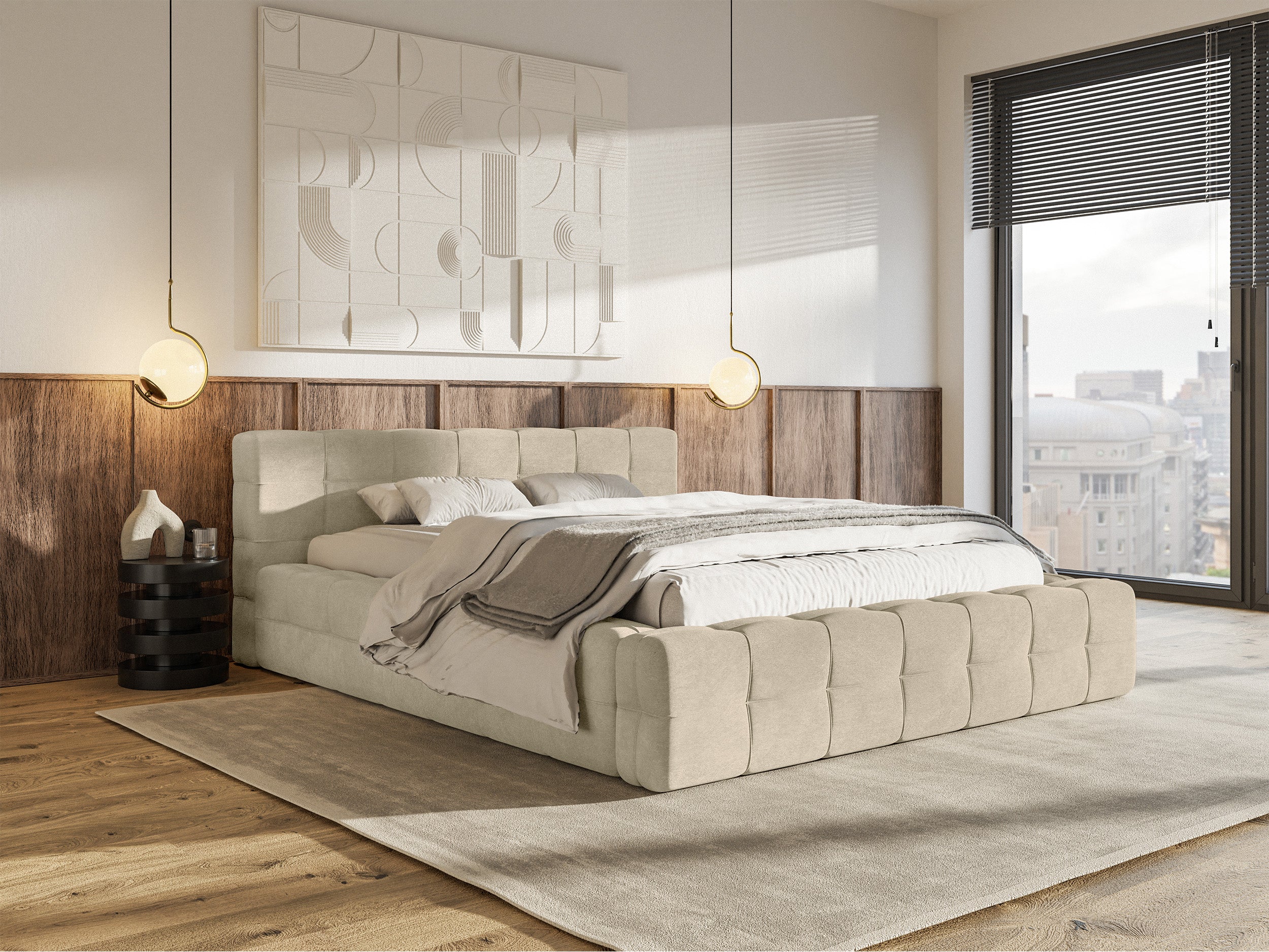 Gepolstertes Bett Puffly 160x200 cm mit Stauraum, Metallrahmen, beiger Samt