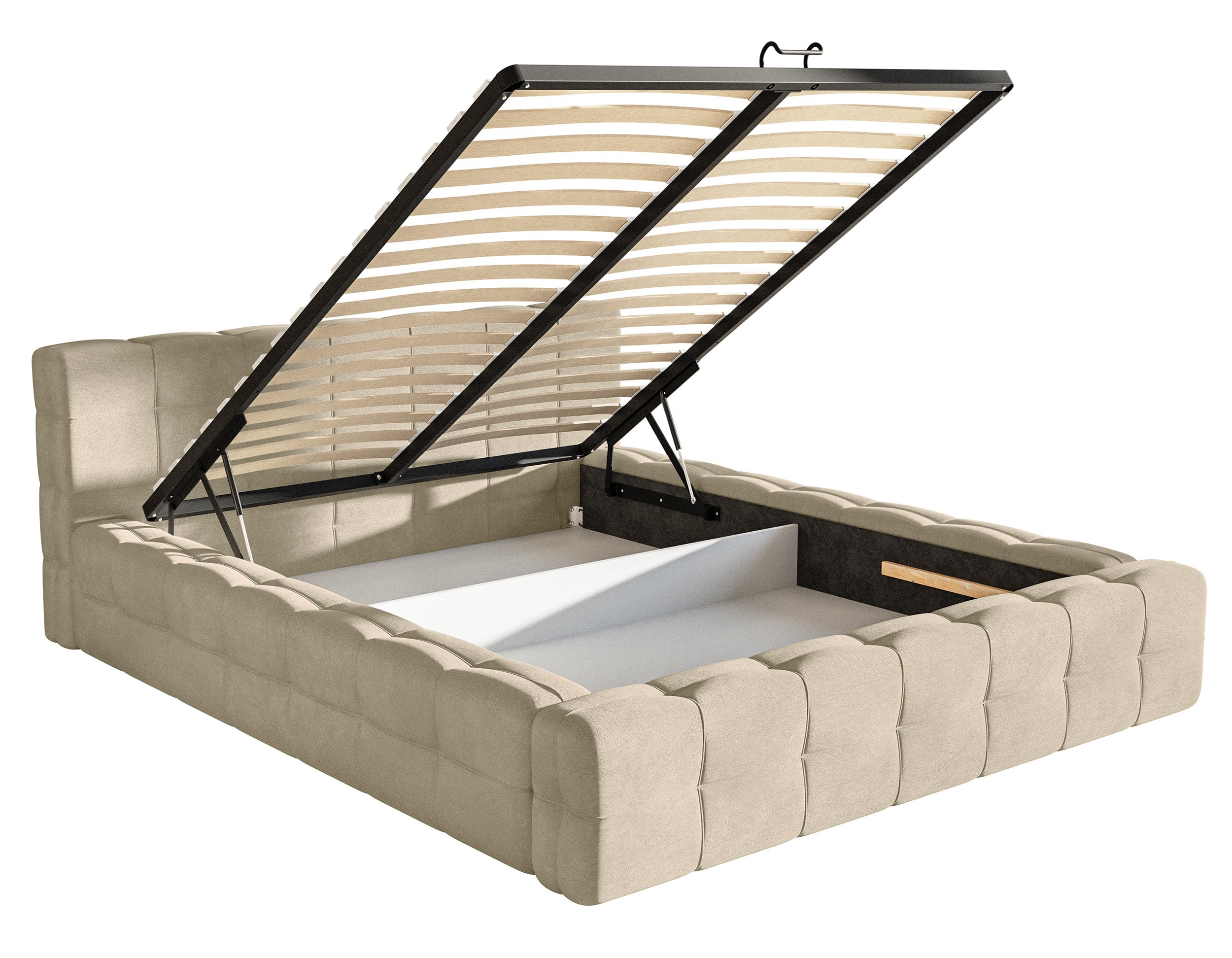Polsterbett Puffly 140x200 cm mit Stauraum, Metallrahmen, beige Samt