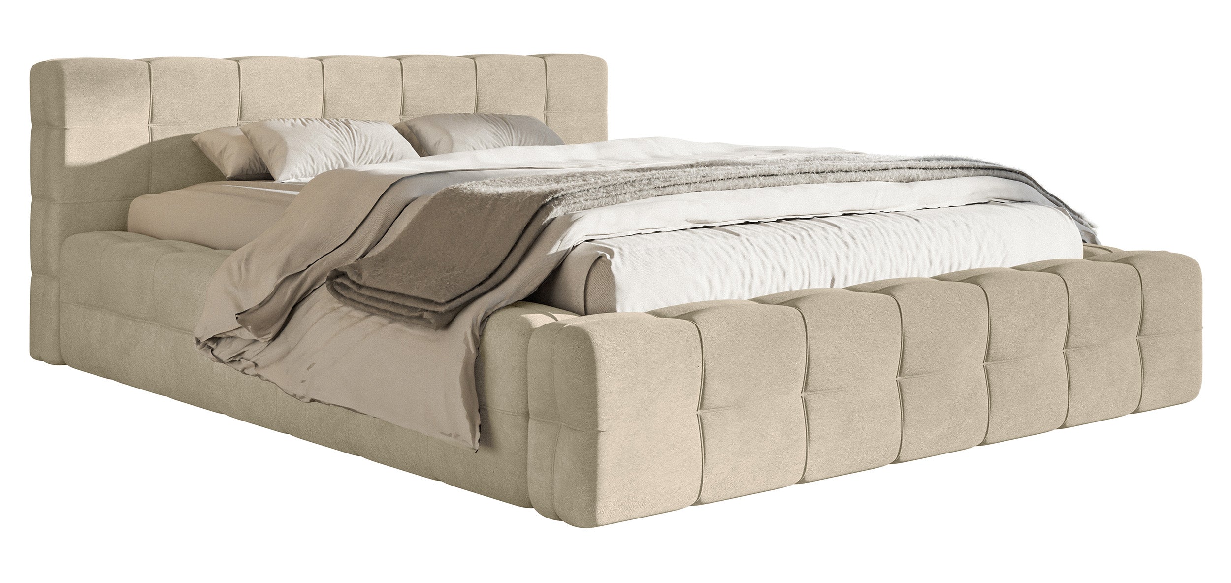 Gepolstertes Bett Puffly 160x200 cm mit Stauraum, Metallrahmen, beiger Samt