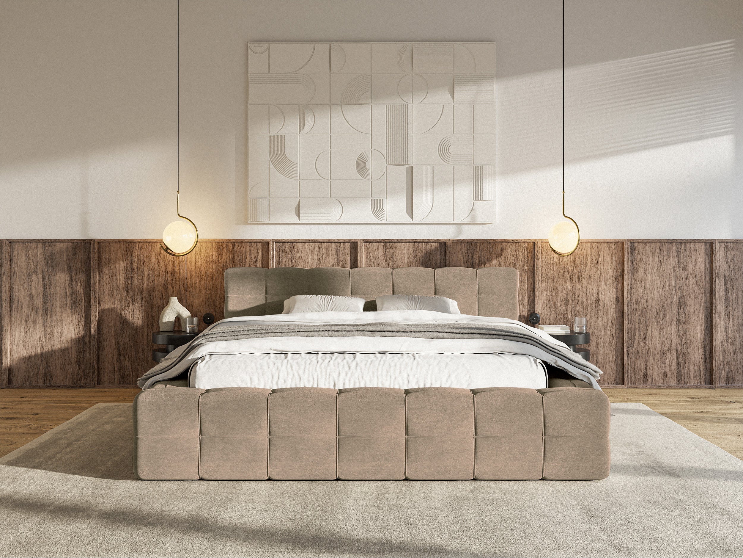 Polsterbett Puffly 140x200 cm mit Stauraum, Metallrahmen, dunkelbeiger Samt