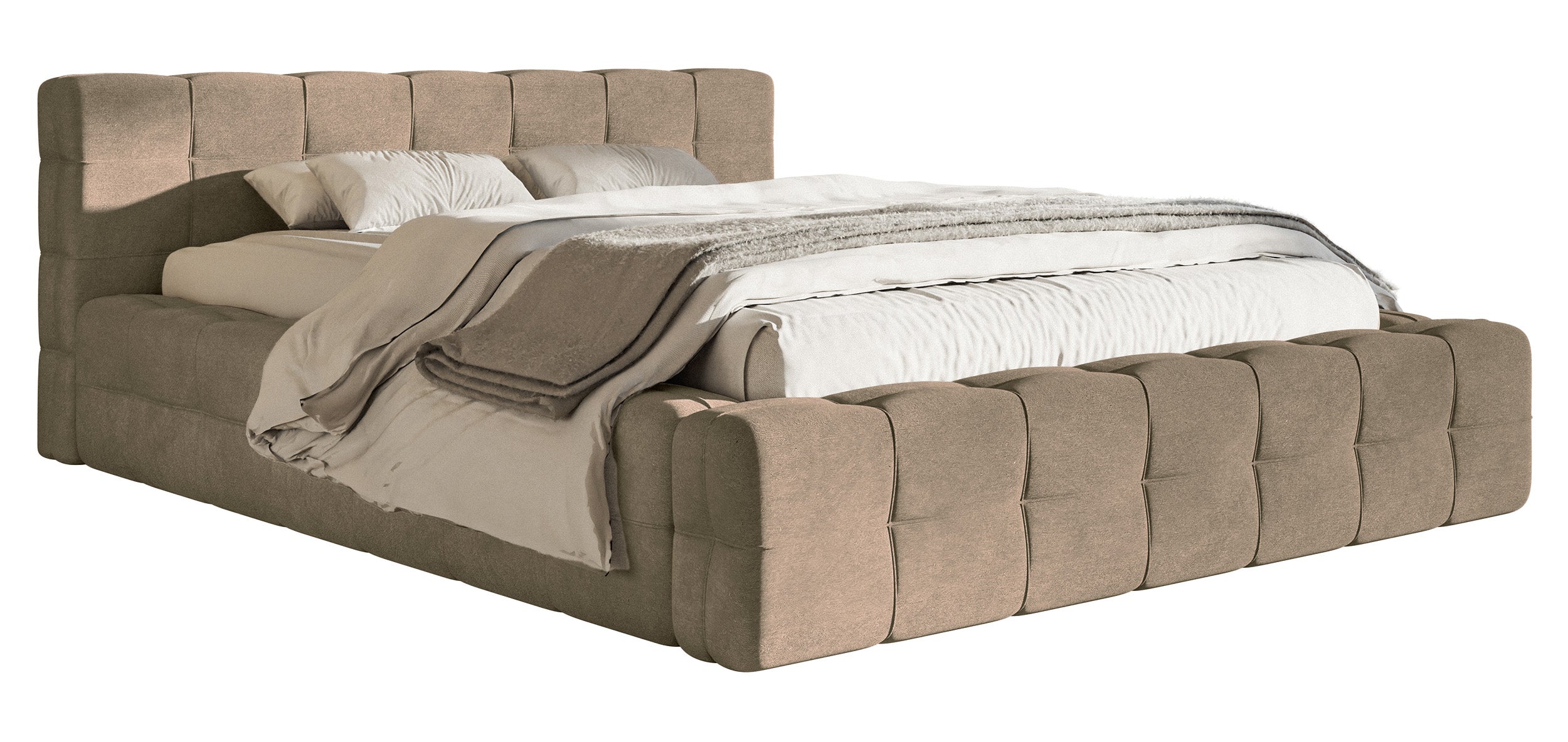 Gepolstertes Bett Puffly 160x200 cm mit Stauraum, Metallrahmen, dunkelbeiger Samt