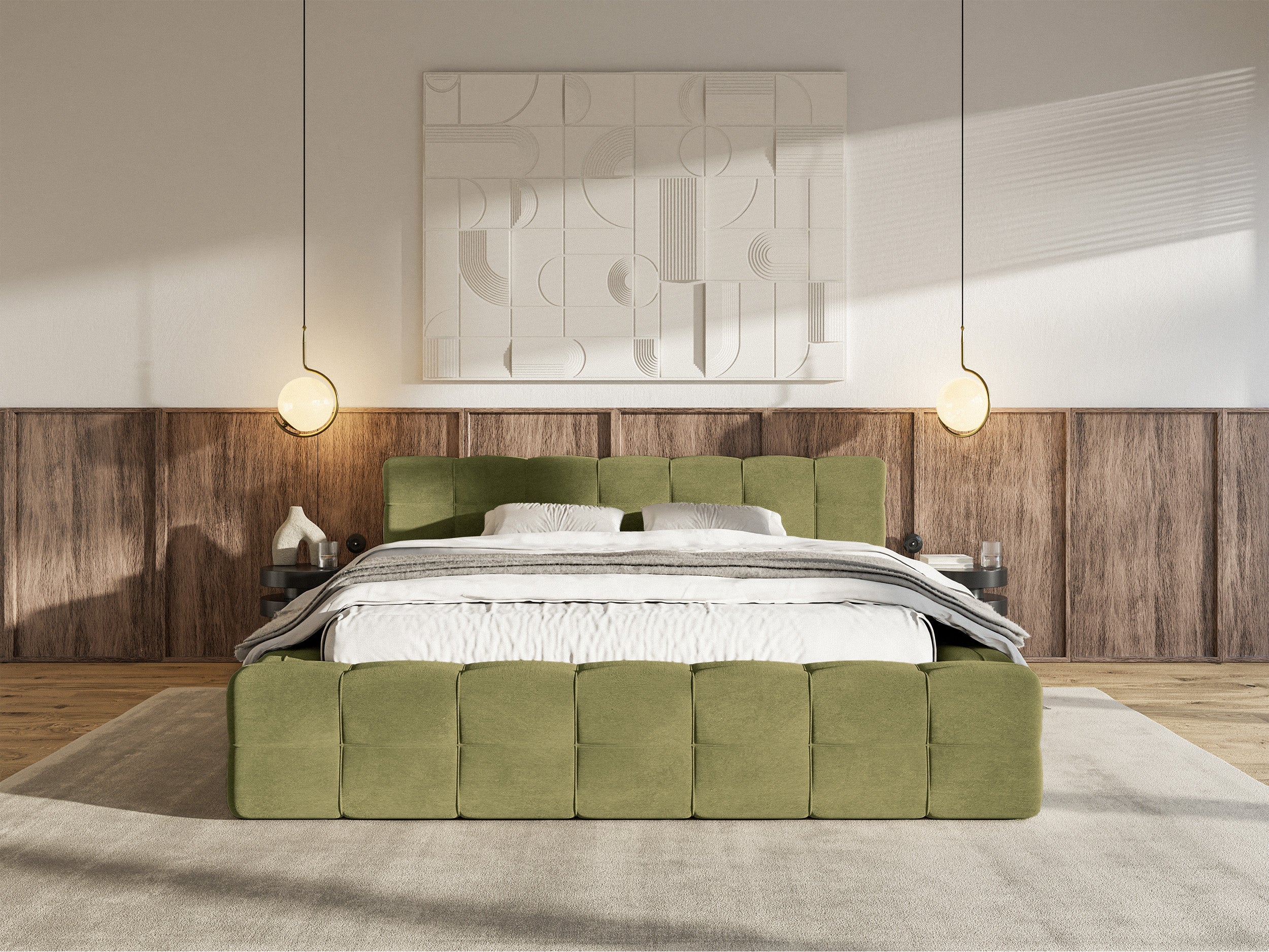 Gepolstertes Bett Puffly 140x200 cm mit Stauraum, Metallrahmen, olivgrüner Samt