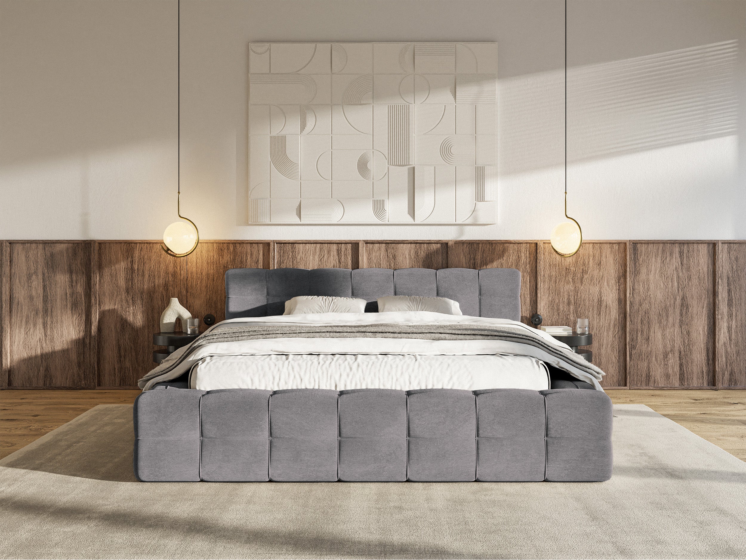 Polsterbett Puffly 140x200 cm mit Stauraum, Metallrahmen, grauer Samt