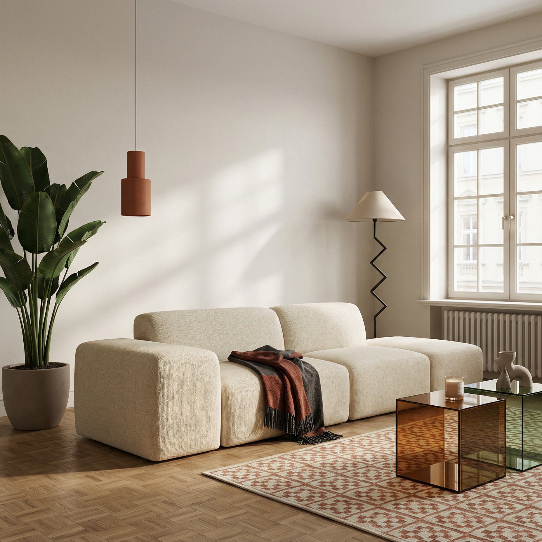Modulares Sofa Pyllomi mit Hocker, hellbeige geflochten