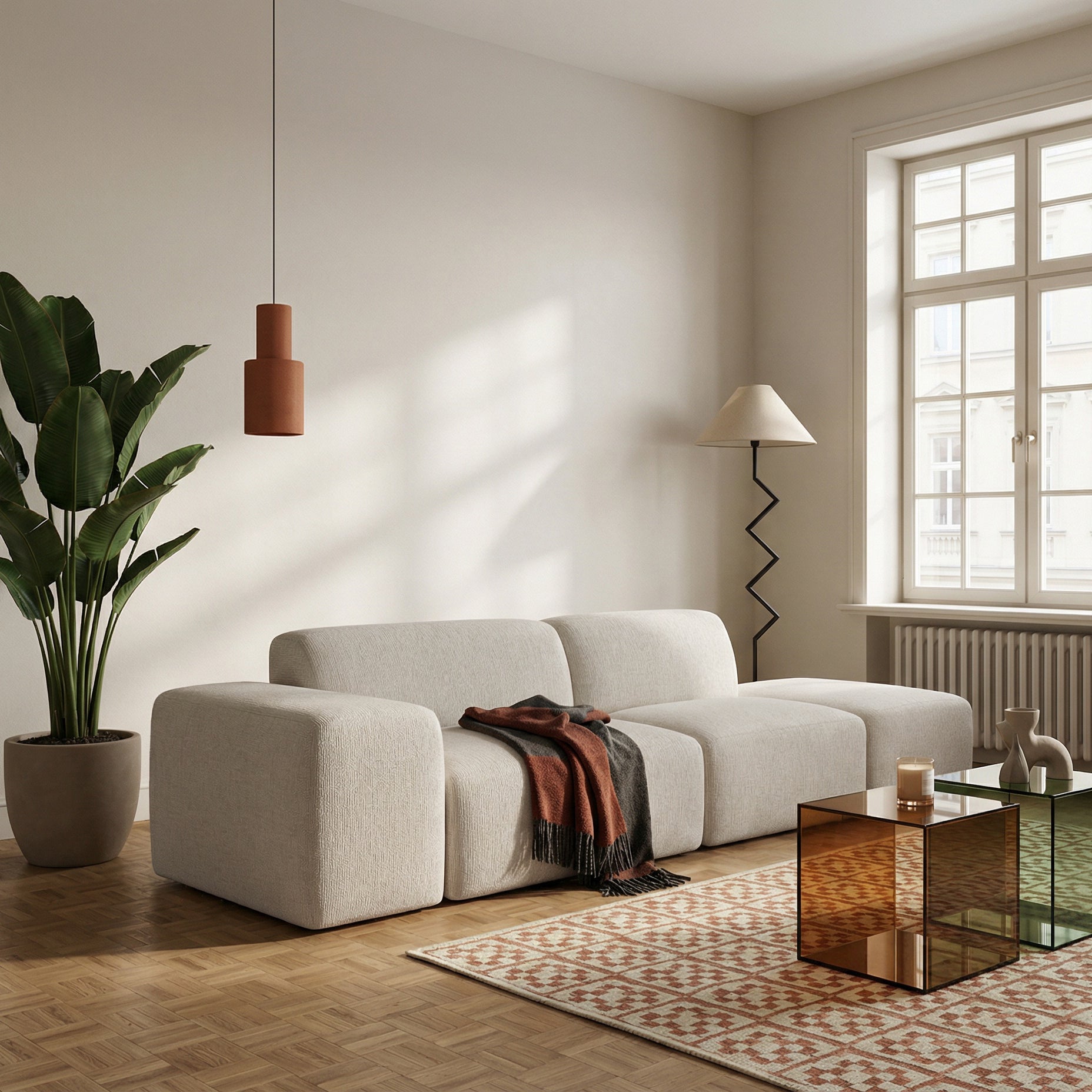 Modulares Sofa Pyllomi mit Hocker, cremefarbenes Geflecht