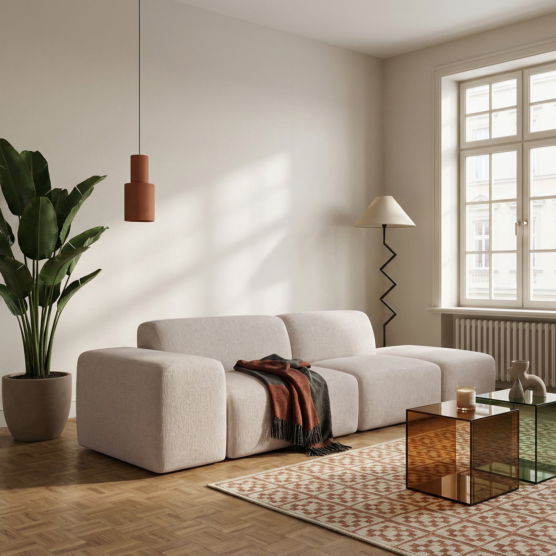 Modulares Sofa Pyllomi mit Hocker, warmbeige Flechtoptik