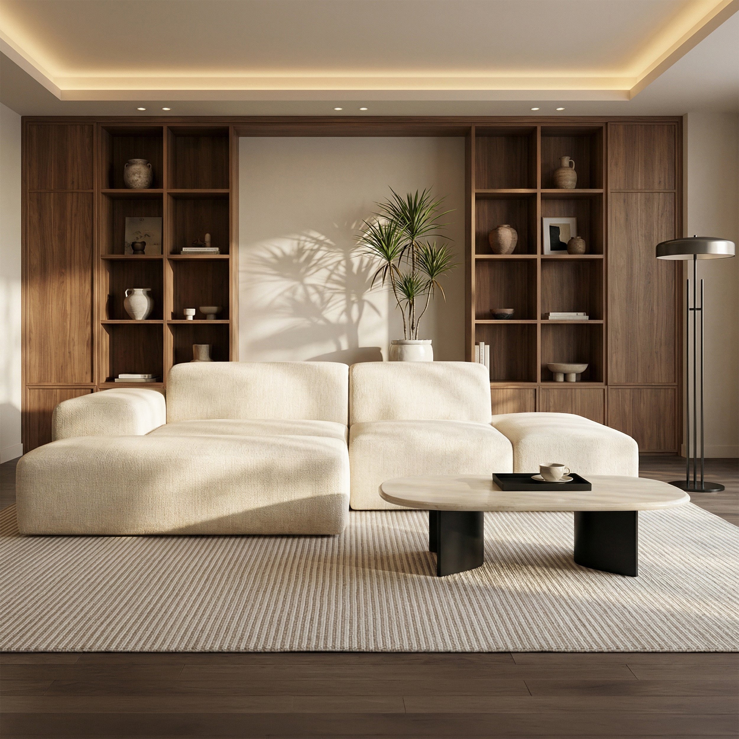 Modulare Eckcouch Pyllomi L-förmig mit Hocker, hellbeige Geflecht