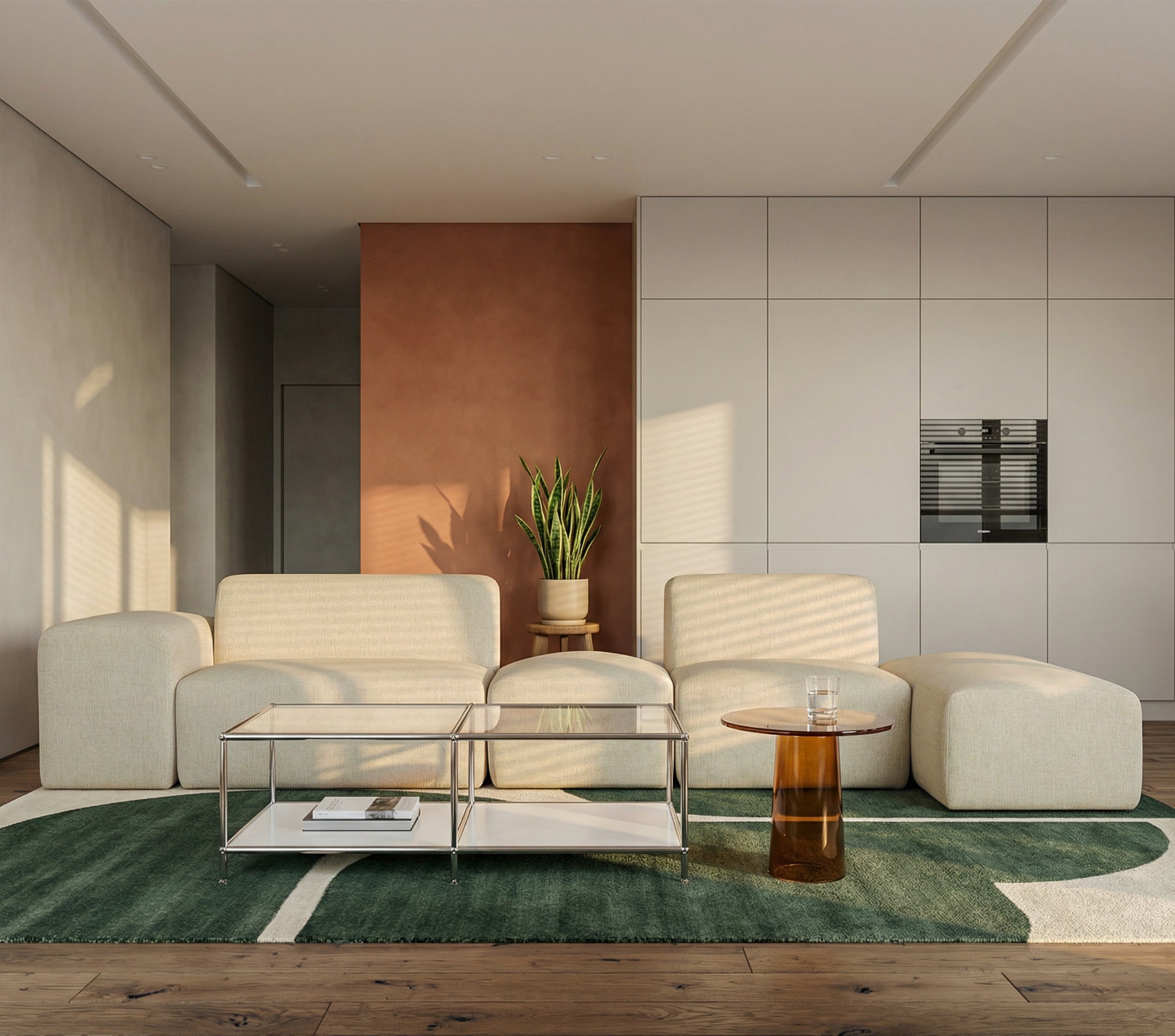 Modulare Eckcouch Pyllomi L-förmig mit Hocker, hellbeige Geflecht