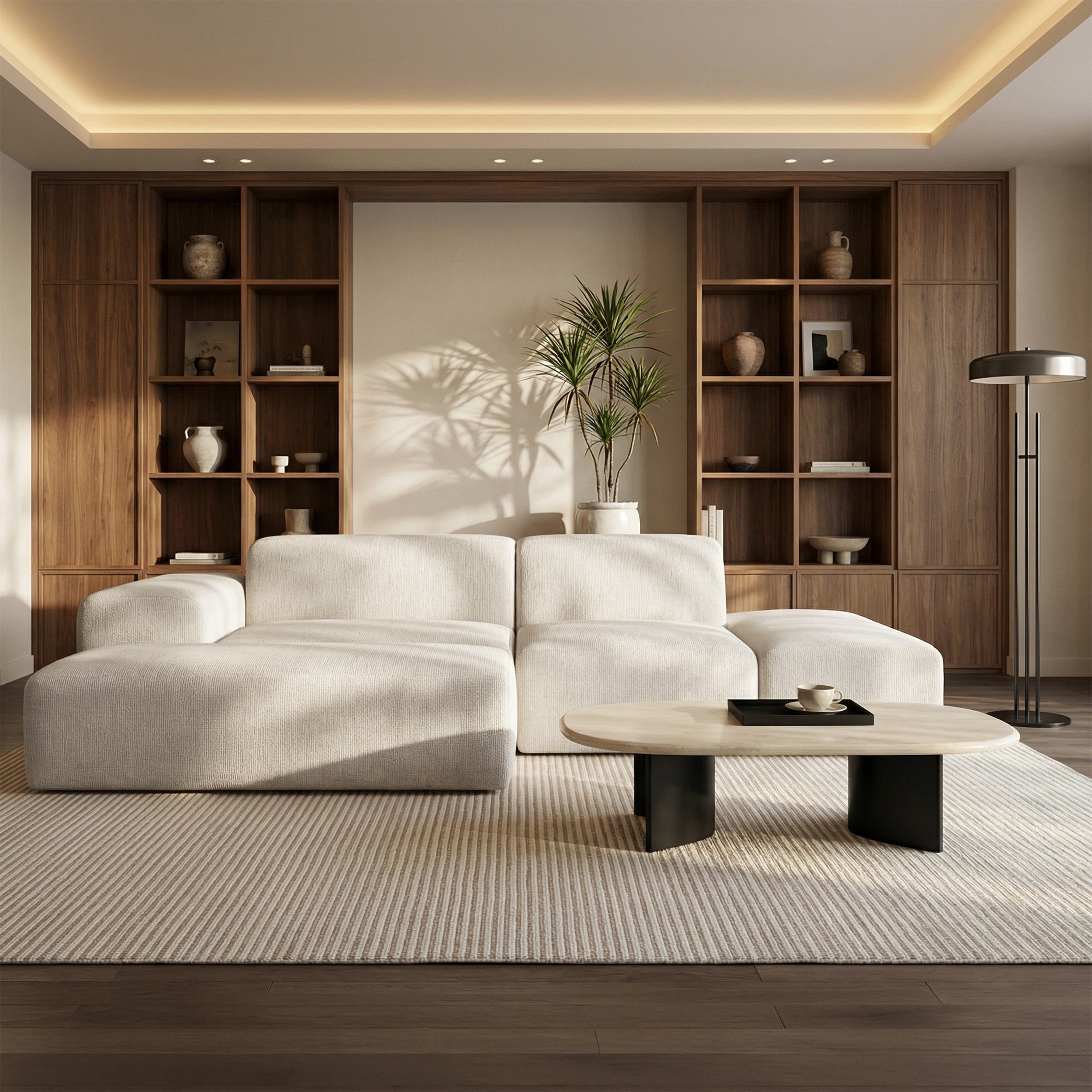 Modulares Ecksofa Pyllomi, L-förmig mit Hocker, cremefarbenes Geflecht